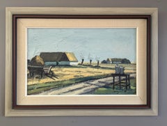 Vintage Mid-Century Modern Landscape Oil Painting - Quiet Day on the Farm