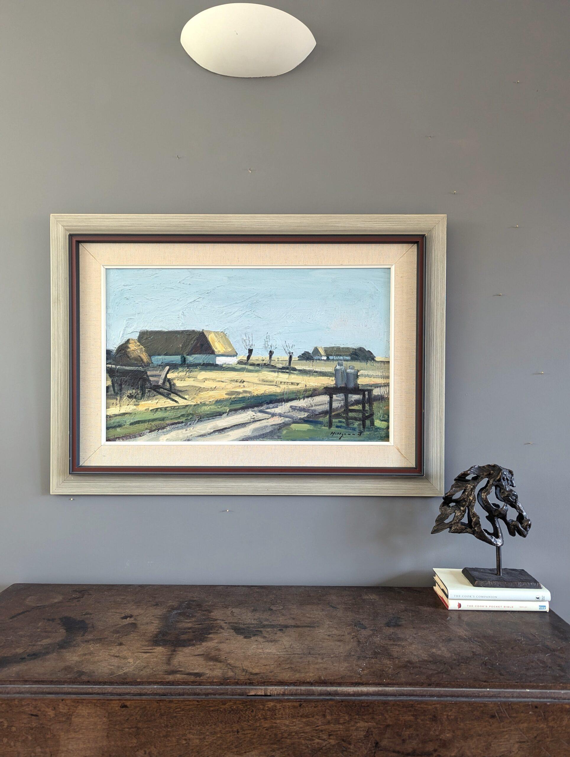 QUIET DAYS ON THE FARM
Size: 63 x 88 cm (including frame)
Oil on board 

A wonderfully textured and tranquil mid-century landscape composition, executed in oil onto boar.

The painting features a farmhouse in the middle ground, with a pathway