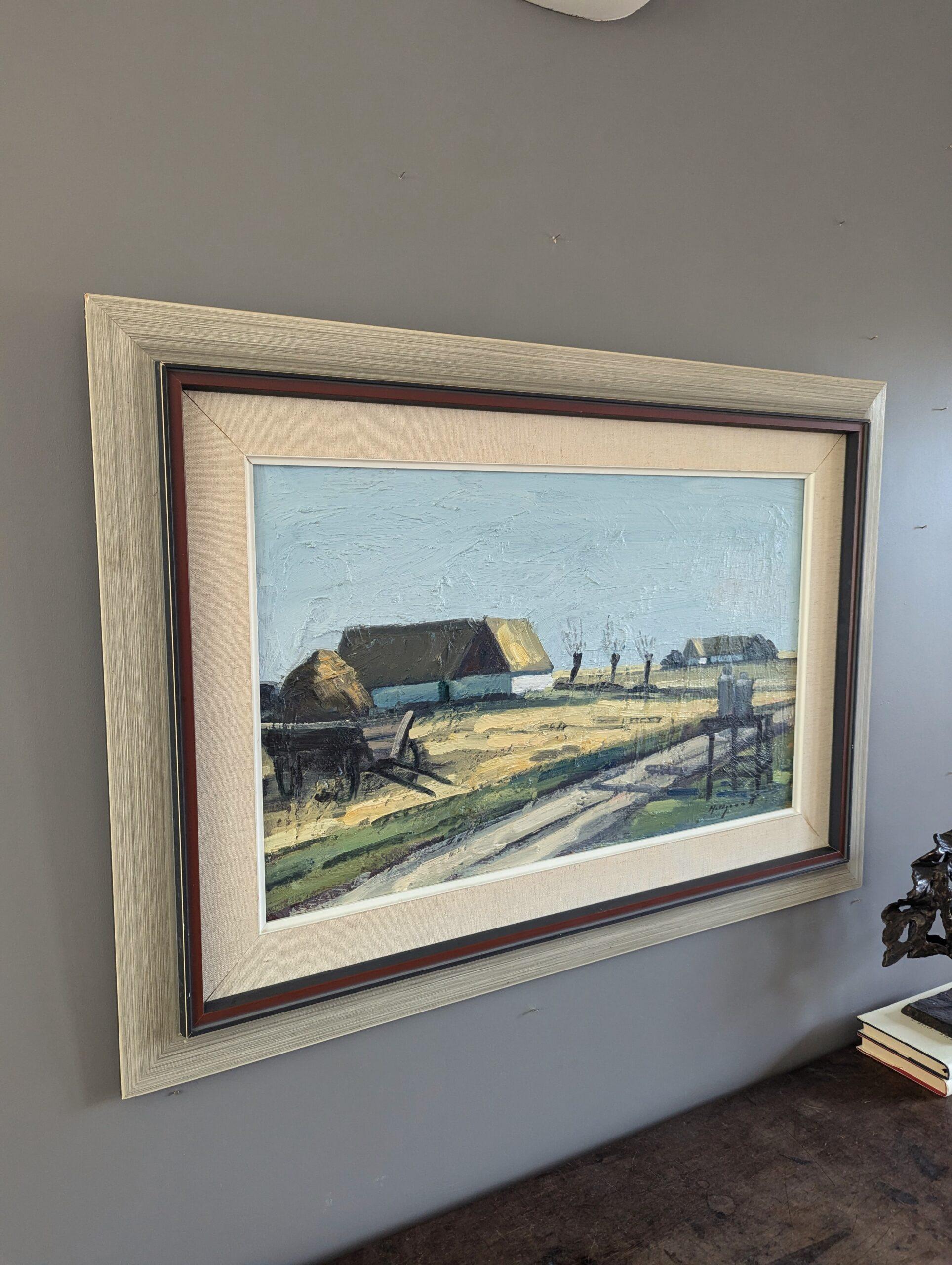 Vintage Mid-Century Modern Landscape Oil Painting - Quiet Day on the Farm For Sale 1