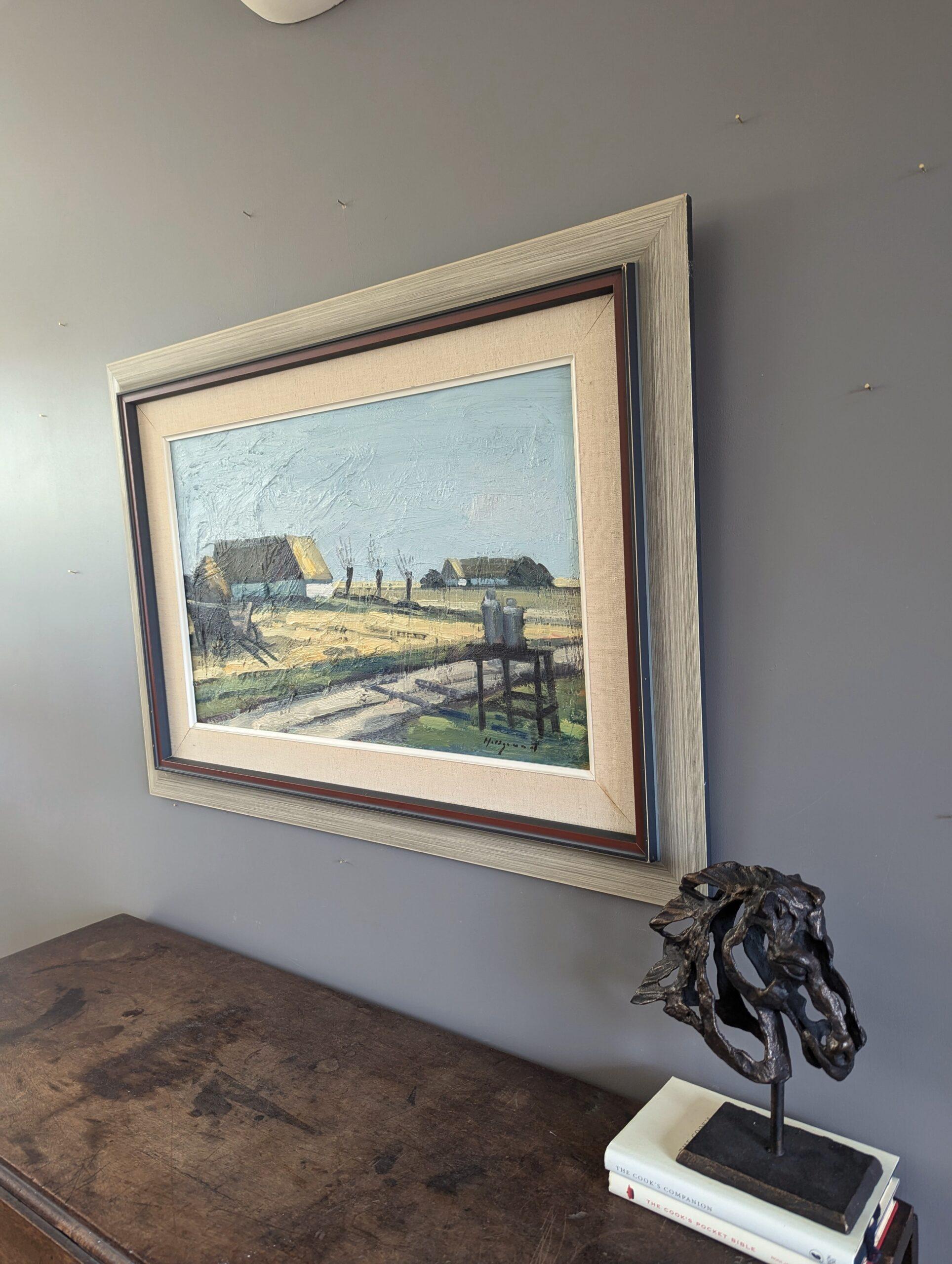 Vintage Mid-Century Modern Landscape Oil Painting - Quiet Day on the Farm For Sale 2