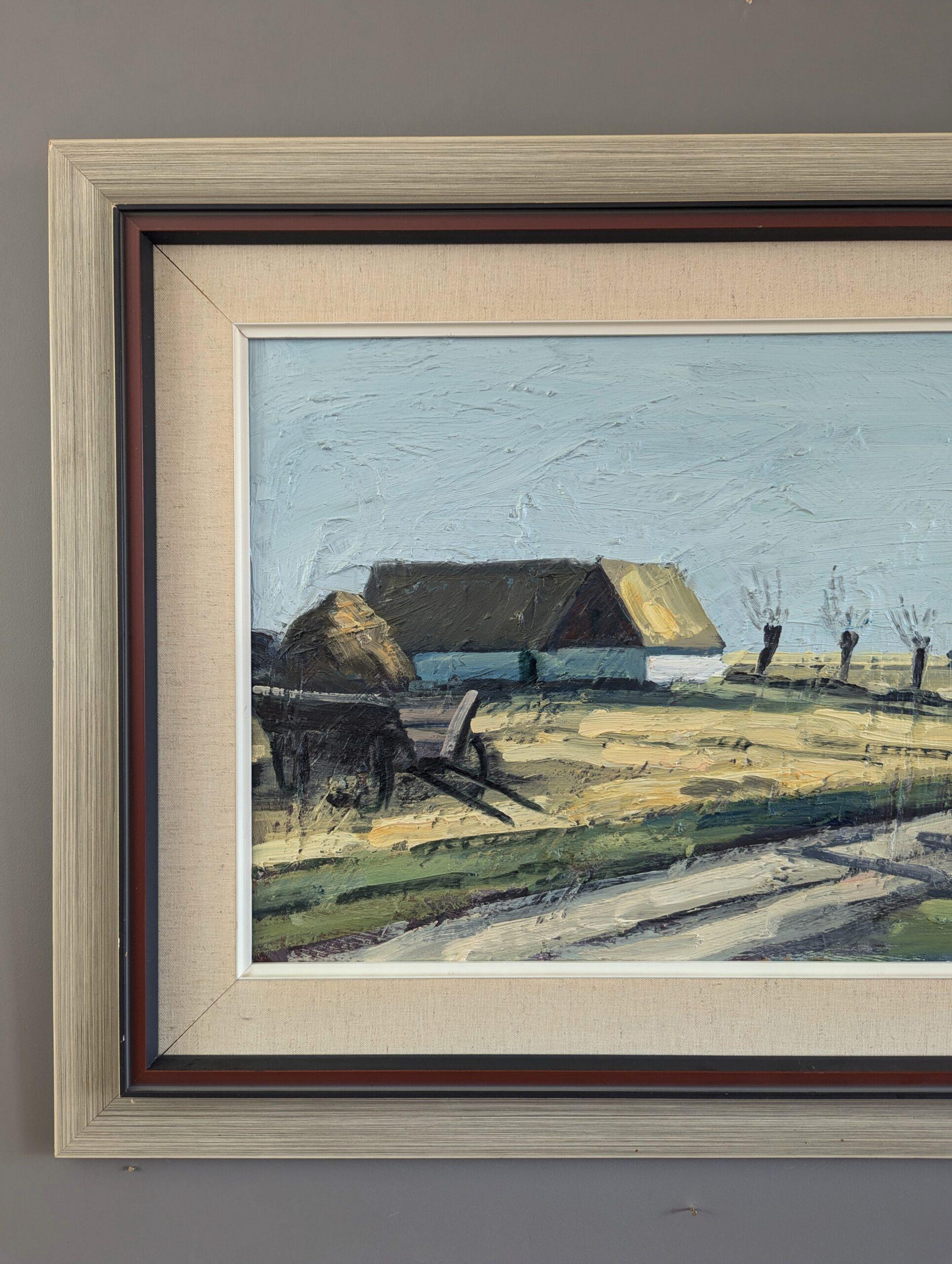 Vintage Mid-Century Modern Landscape Oil Painting - Quiet Day on the Farm For Sale 3
