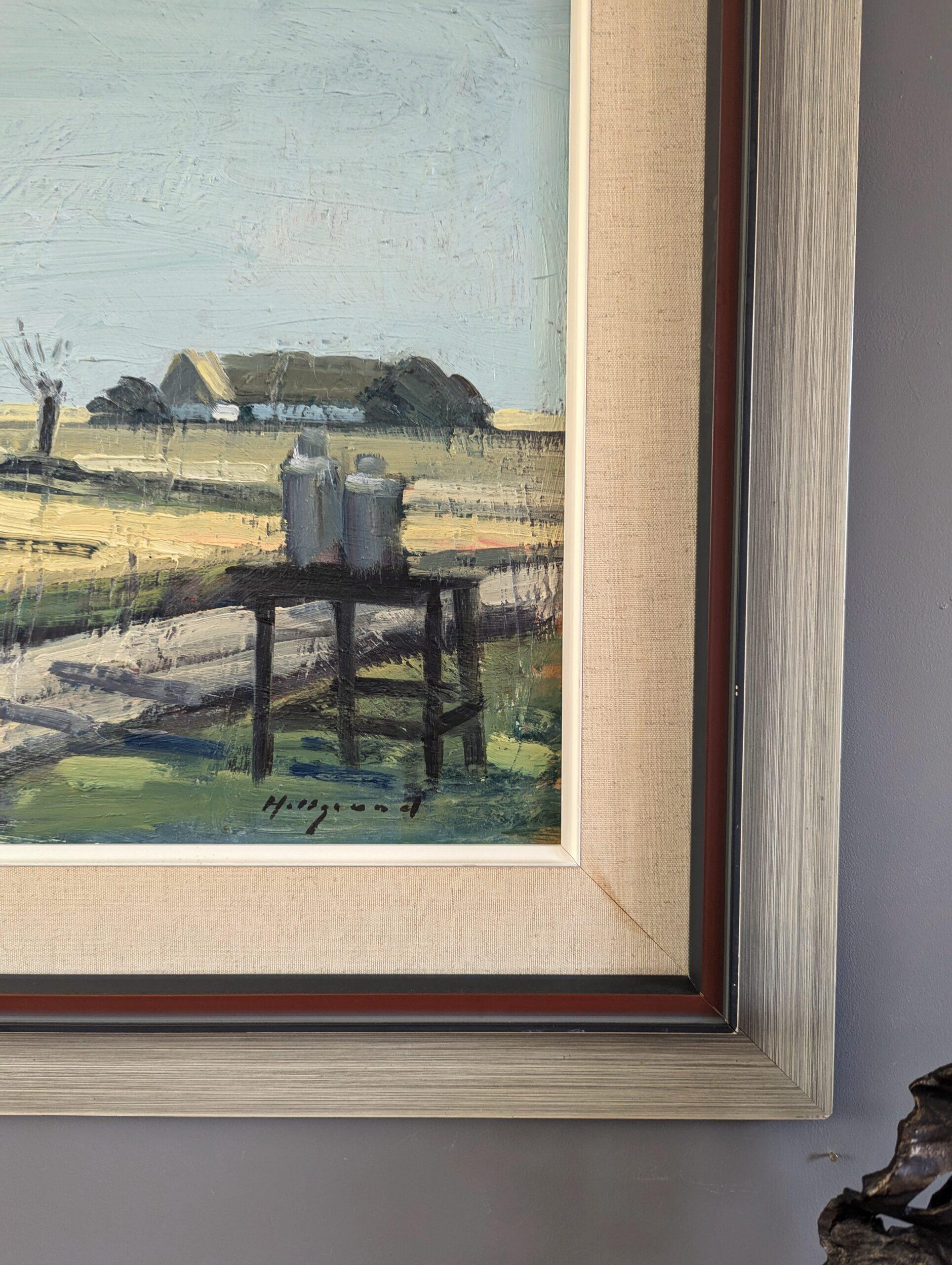 Vintage Mid-Century Modern Landscape Oil Painting - Quiet Day on the Farm For Sale 4