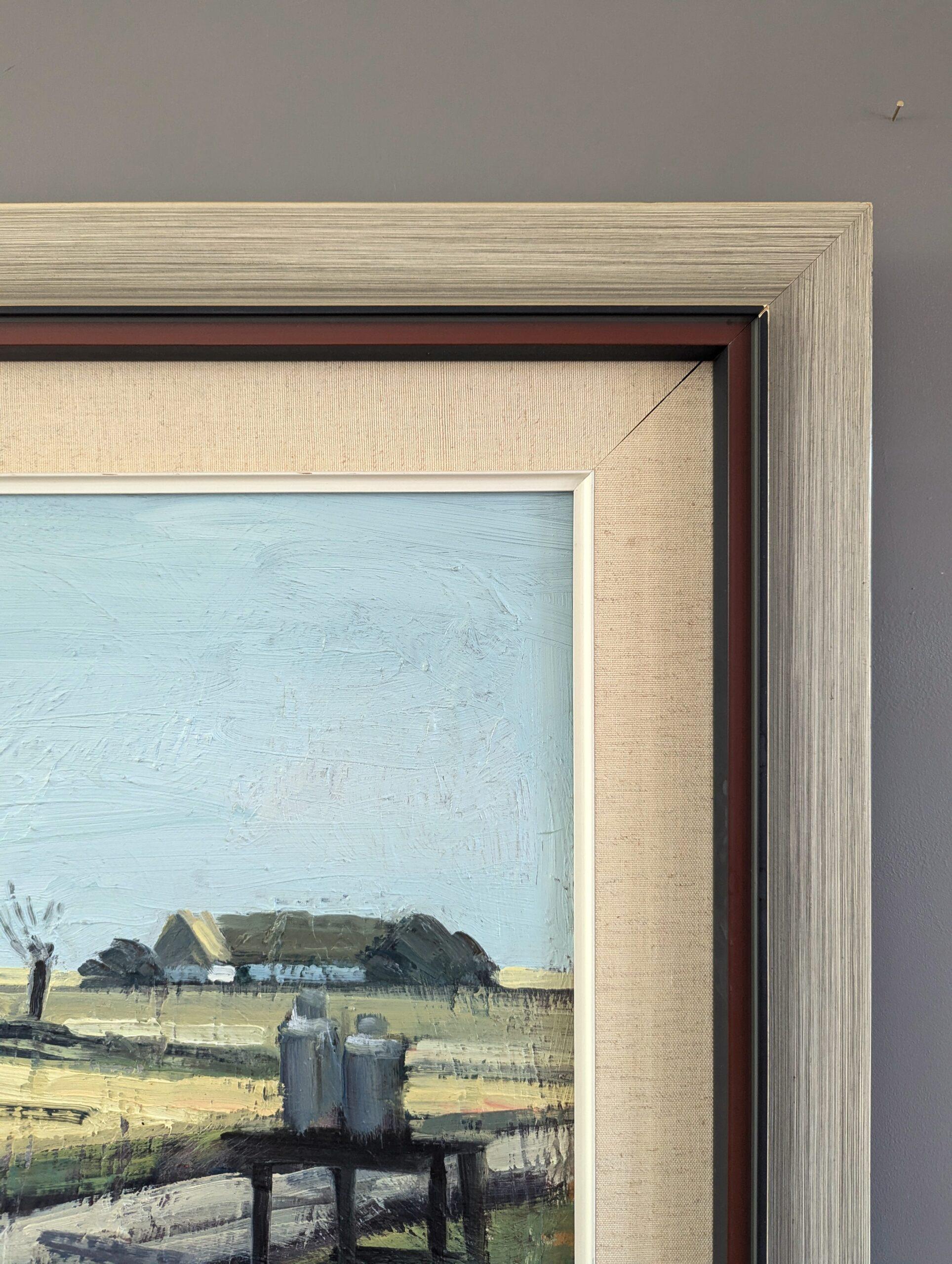 Vintage Mid-Century Modern Landscape Oil Painting - Quiet Day on the Farm For Sale 5