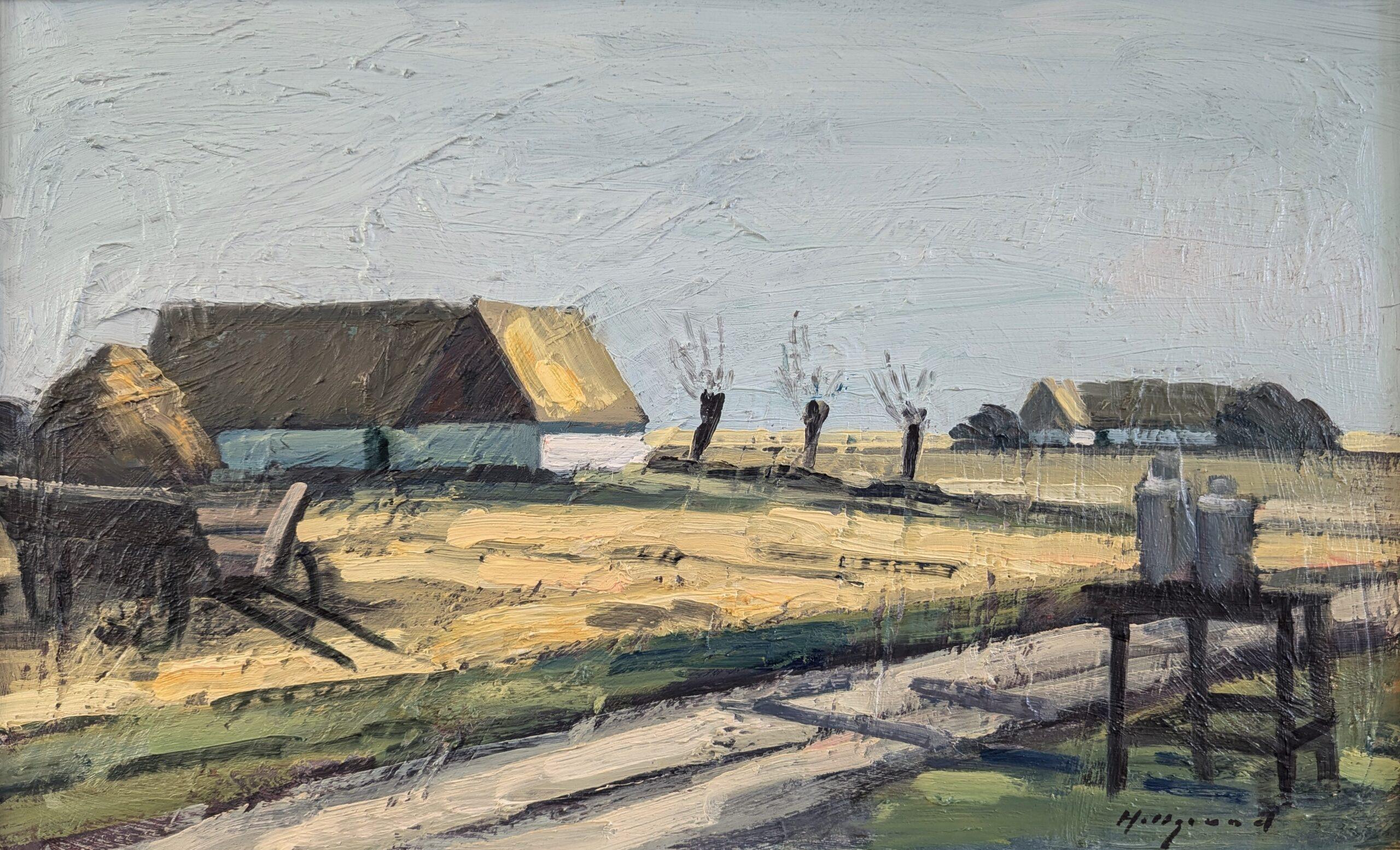 Vintage Mid-Century Modern Landscape Oil Painting - Quiet Day on the Farm For Sale 6
