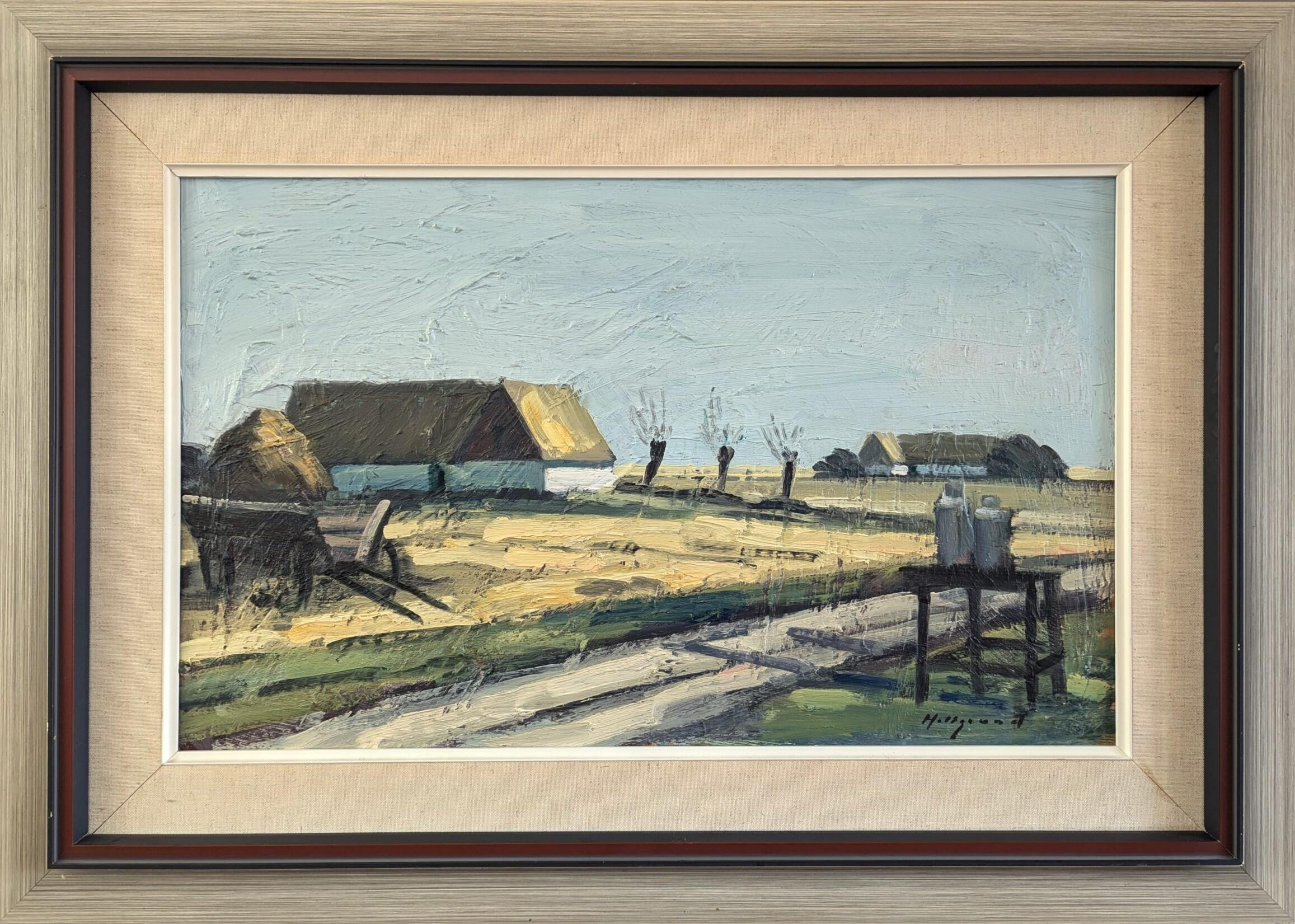 Unknown Landscape Painting - Vintage Mid-Century Modern Landscape Oil Painting - Quiet Day on the Farm