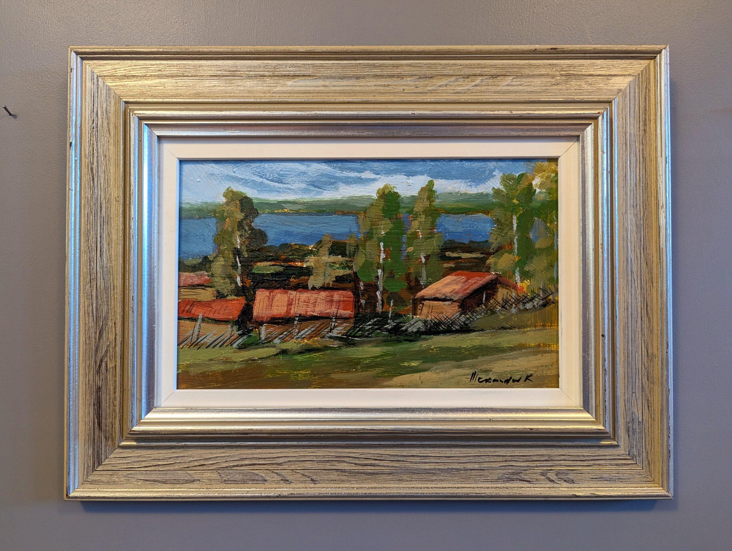 RED HOUSES IN NATURE 
Size: 30.5 x 40.5 cm (including frame)
Oil on Board

A serene and uplifting mid-century landscape painting, executed in oil onto board.

The composition presents a captivating stretch of red houses positioned centrally,