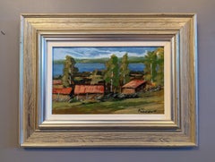 Vintage Mid-Century Modern Landscape Oil Painting - Red Houses in Nature