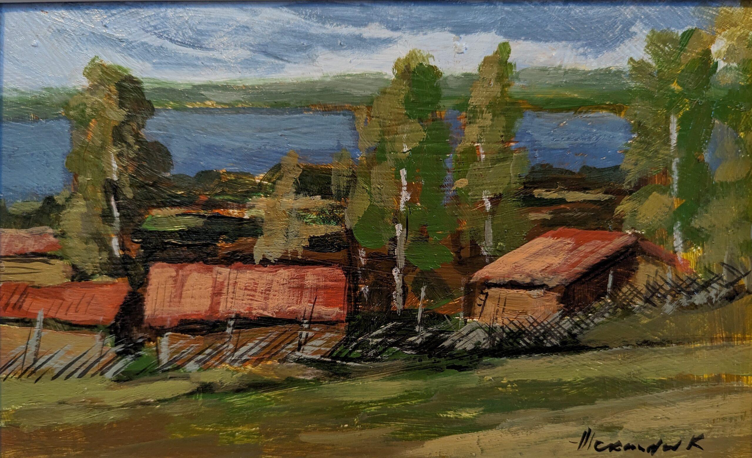 Vintage Mid-Century Modern Landscape Oil Painting - Red Houses in Nature For Sale 3