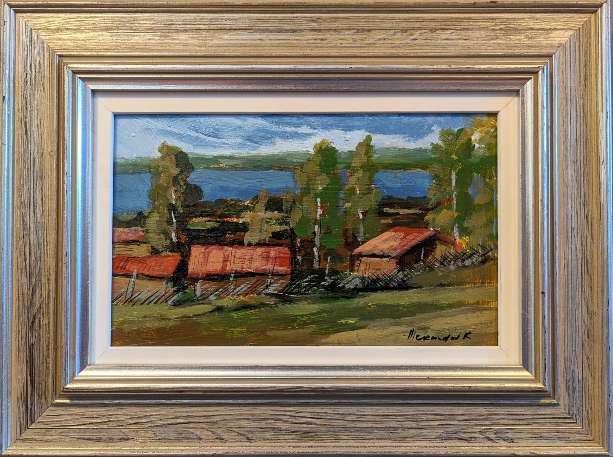 Landscape Painting de Unknown - Pintura al óleo vintage de mediados de siglo sobre un paisaje moderno - Casas rojas en la naturaleza
