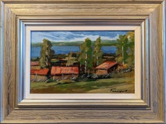 Retro Mid-Century Modern Landscape Oil Painting - Red Houses in Nature