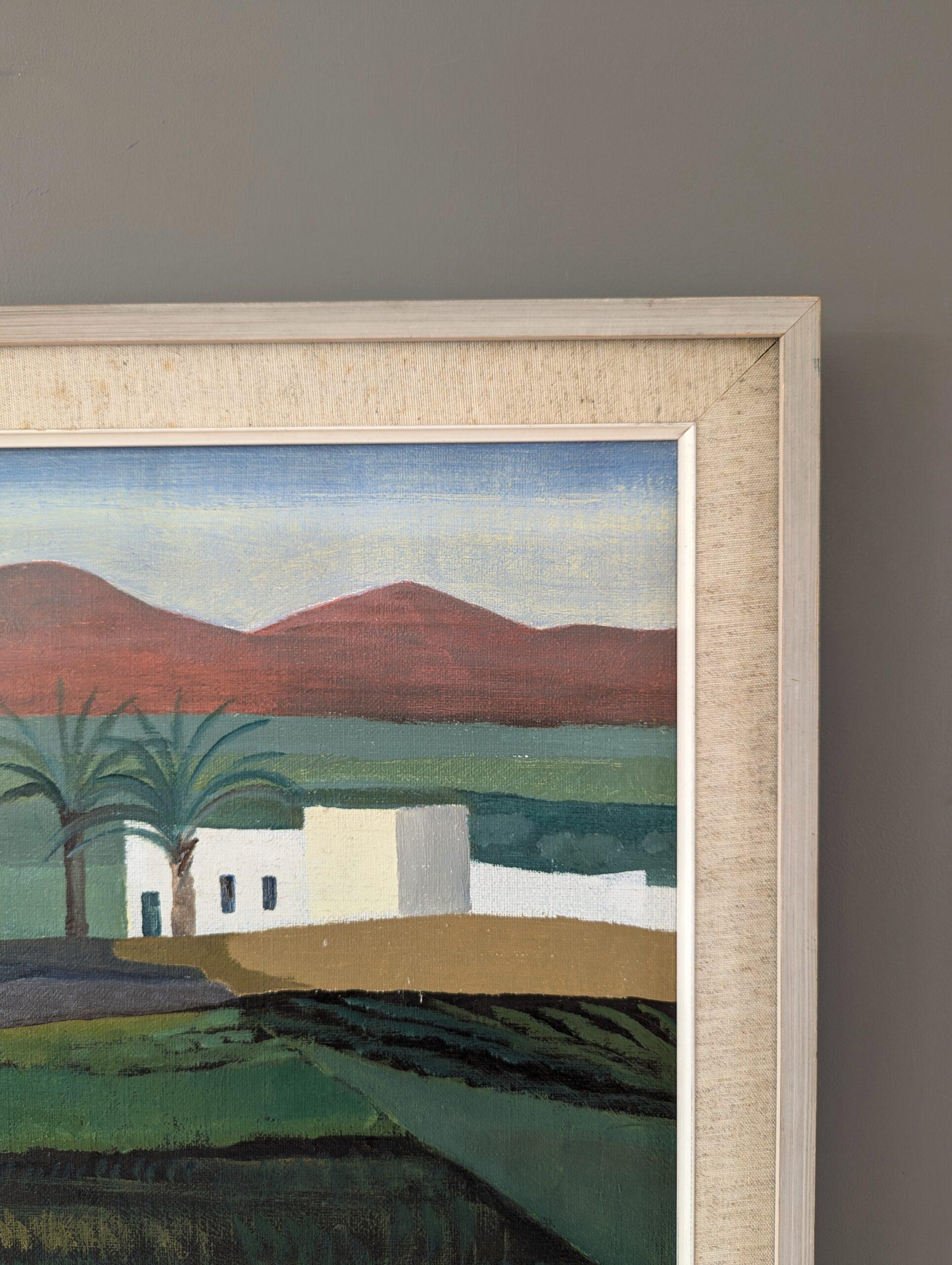 Vintage Mid-Century Modern Landscape Oil Painting 'White Houses in the Fields' For Sale 7