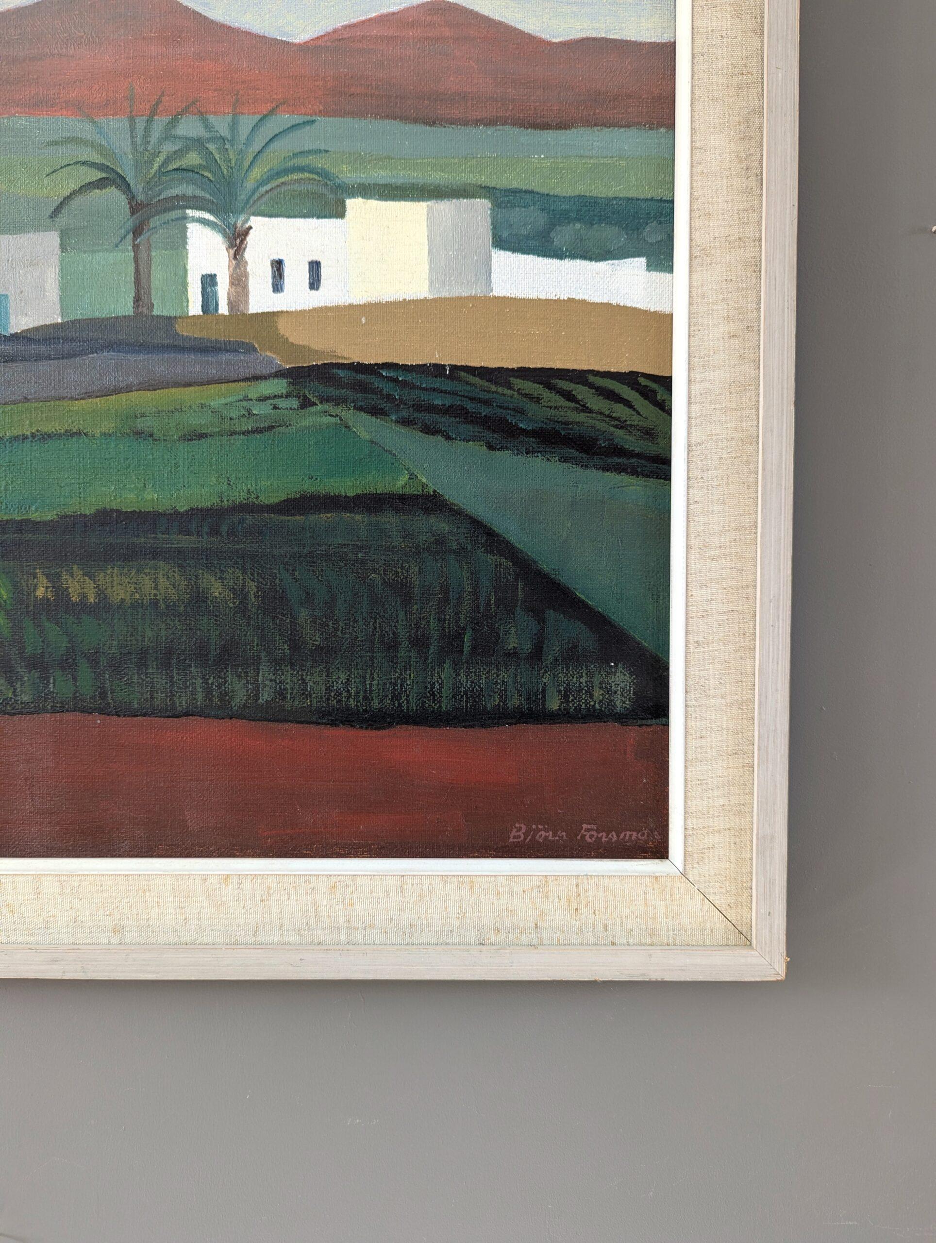 Vintage Mid-Century Modern Landscape Oil Painting 'White Houses in the Fields' For Sale 8