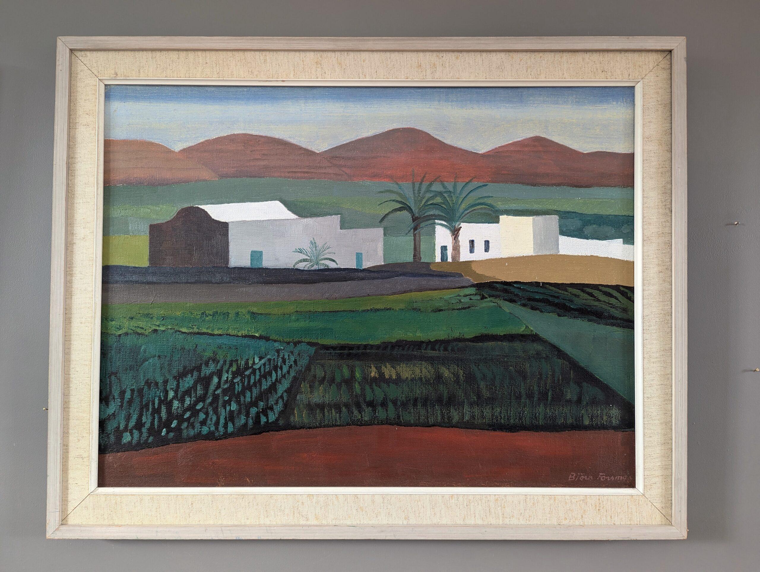 Vintage Mid-Century Modern Landscape Oil Painting 'White Houses in the Fields' - Gray Landscape Painting by Unknown