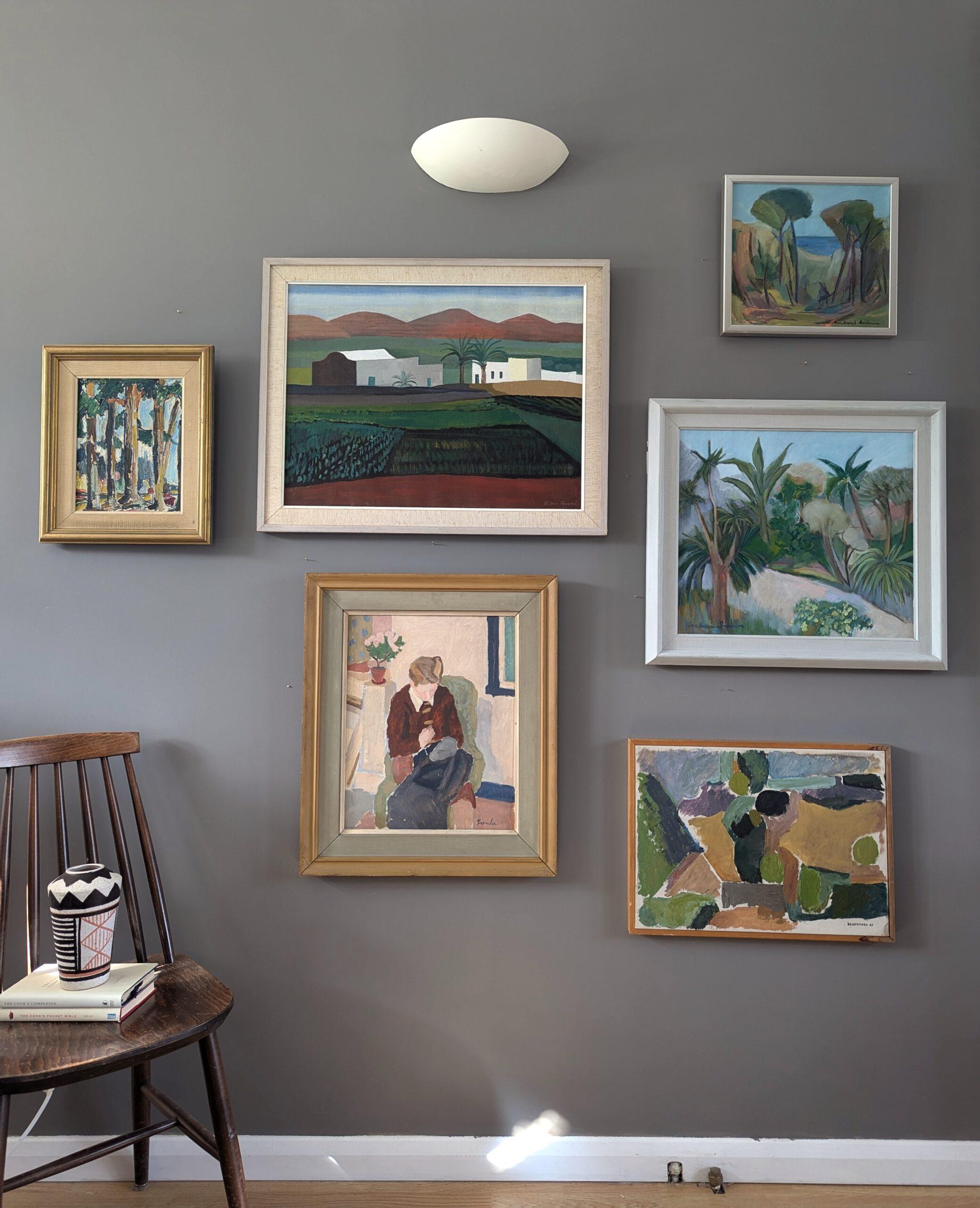 WHITE HOUSES IN THE FIELDS
Oil on Canvas
Size: 53.5  x 67 cm (including frame)

A charming and serene mid-century landscape painting, executed in oil onto canvas.

The composition captures a serene rural scene of white houses nestled amidst lush