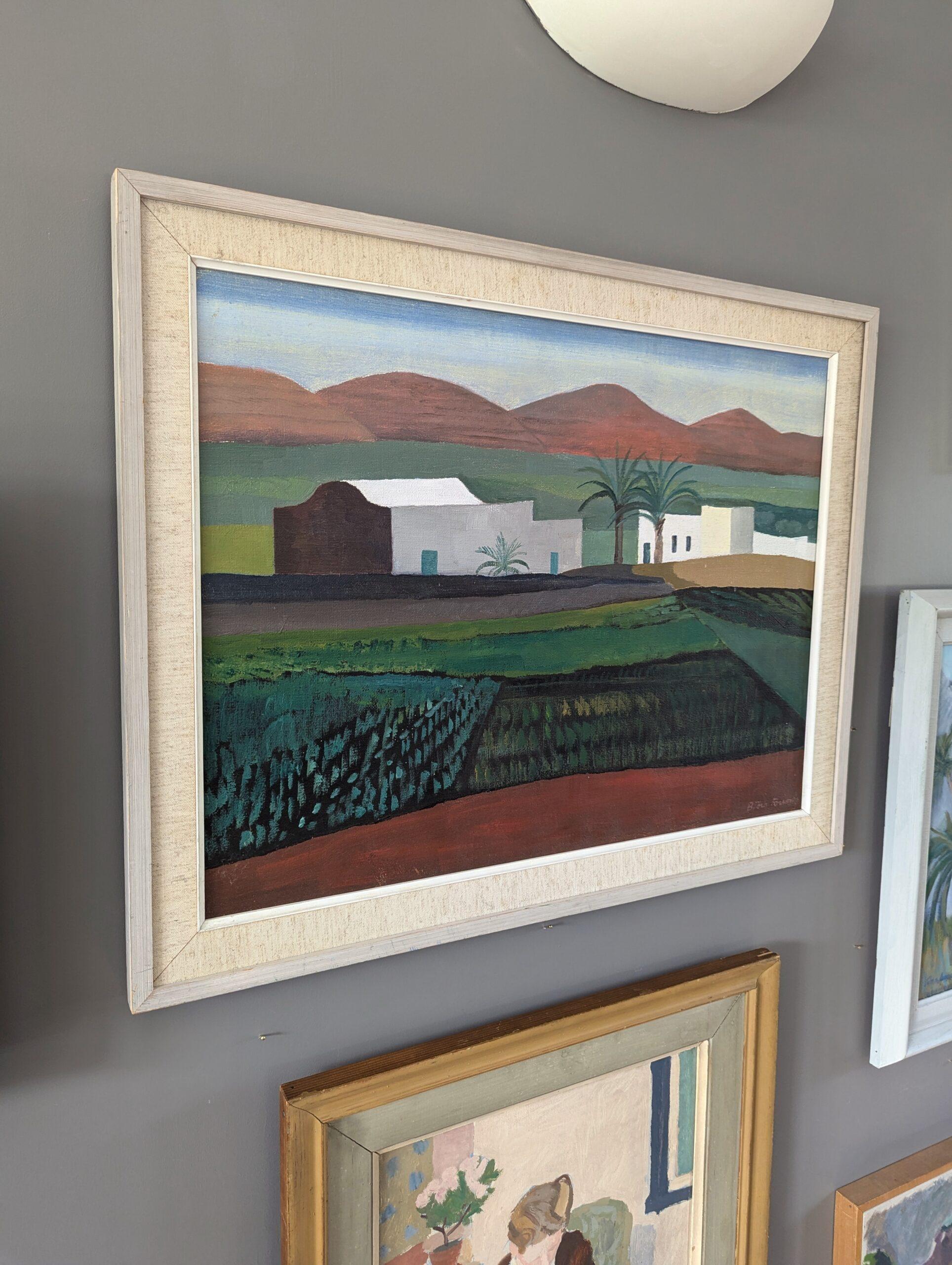 Vintage Mid-Century Modern Landscape Oil Painting 'White Houses in the Fields' For Sale 2