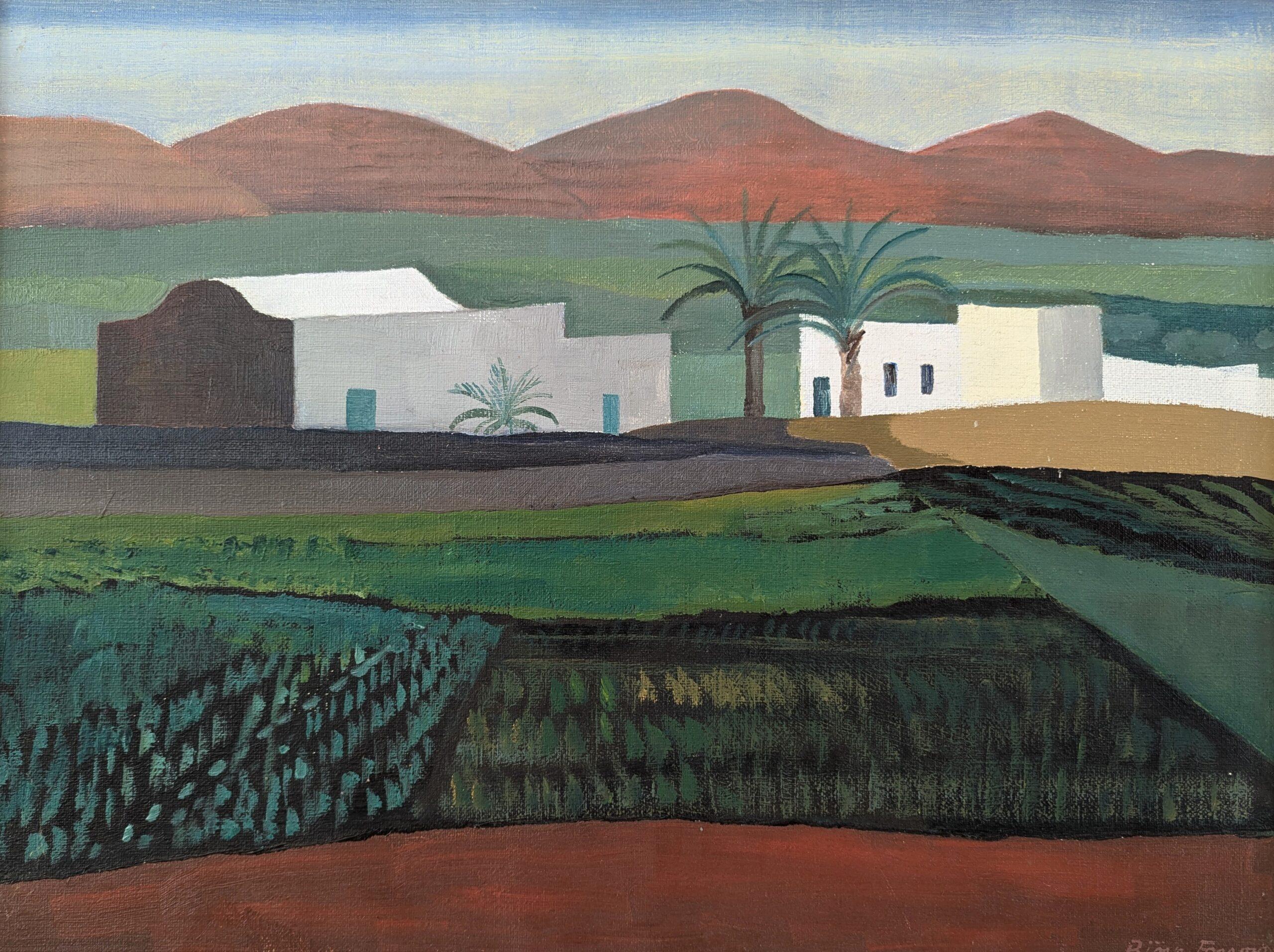 Vintage Mid-Century Modern Landscape Oil Painting 'White Houses in the Fields' For Sale 3