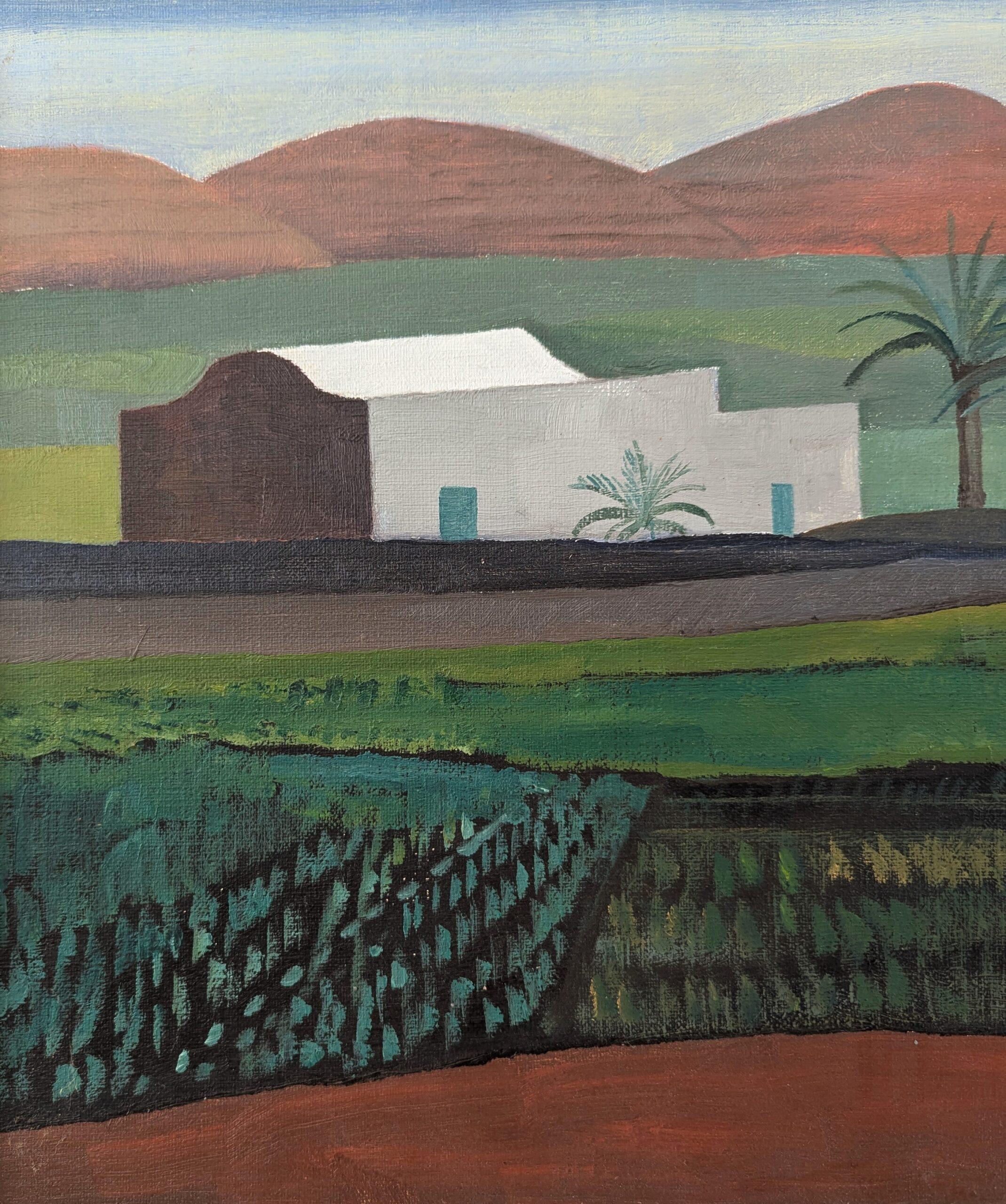 Vintage Mid-Century Modern Landscape Oil Painting 'White Houses in the Fields' For Sale 4