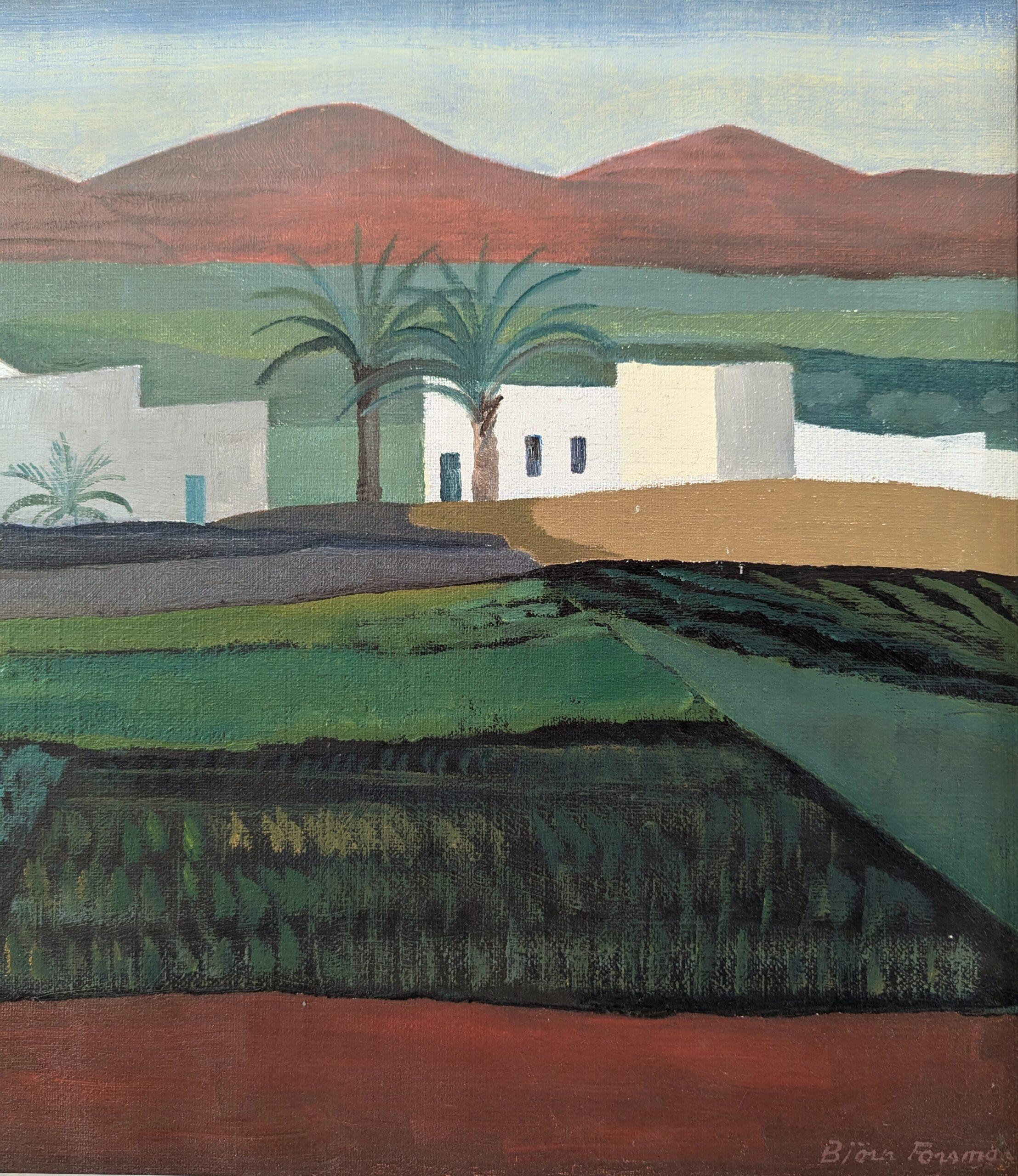 Vintage Mid-Century Modern Landscape Oil Painting 'White Houses in the Fields' For Sale 5