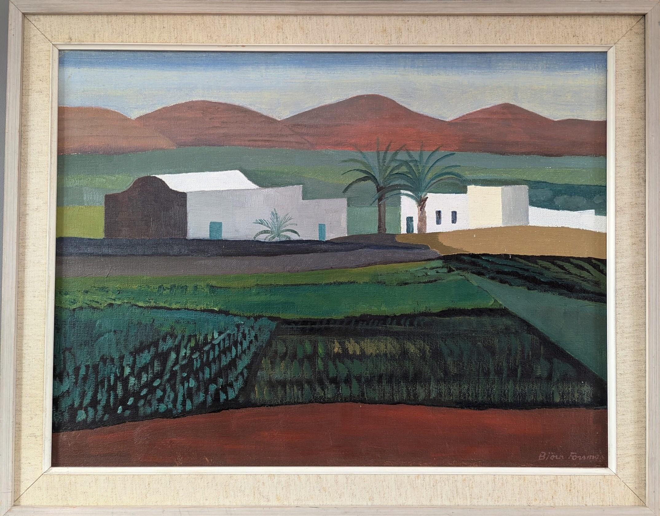 Unknown Landscape Painting - Vintage Mid-Century Modern Landscape Oil Painting 'White Houses in the Fields'
