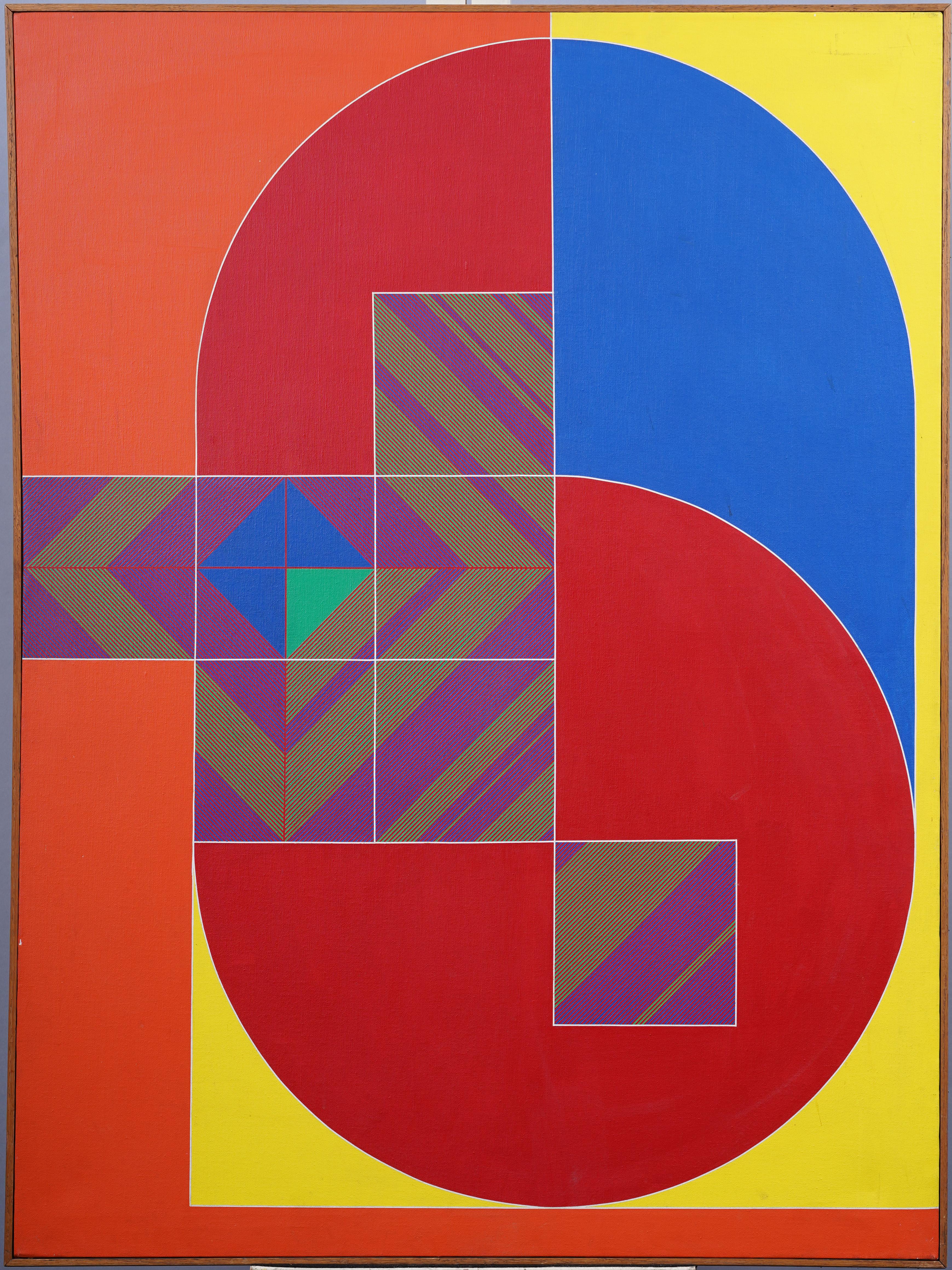 Vintage Mid Century Modern Large Geometric Abstract Framed Hard Edge Painting - Orange Abstract Painting by Unknown