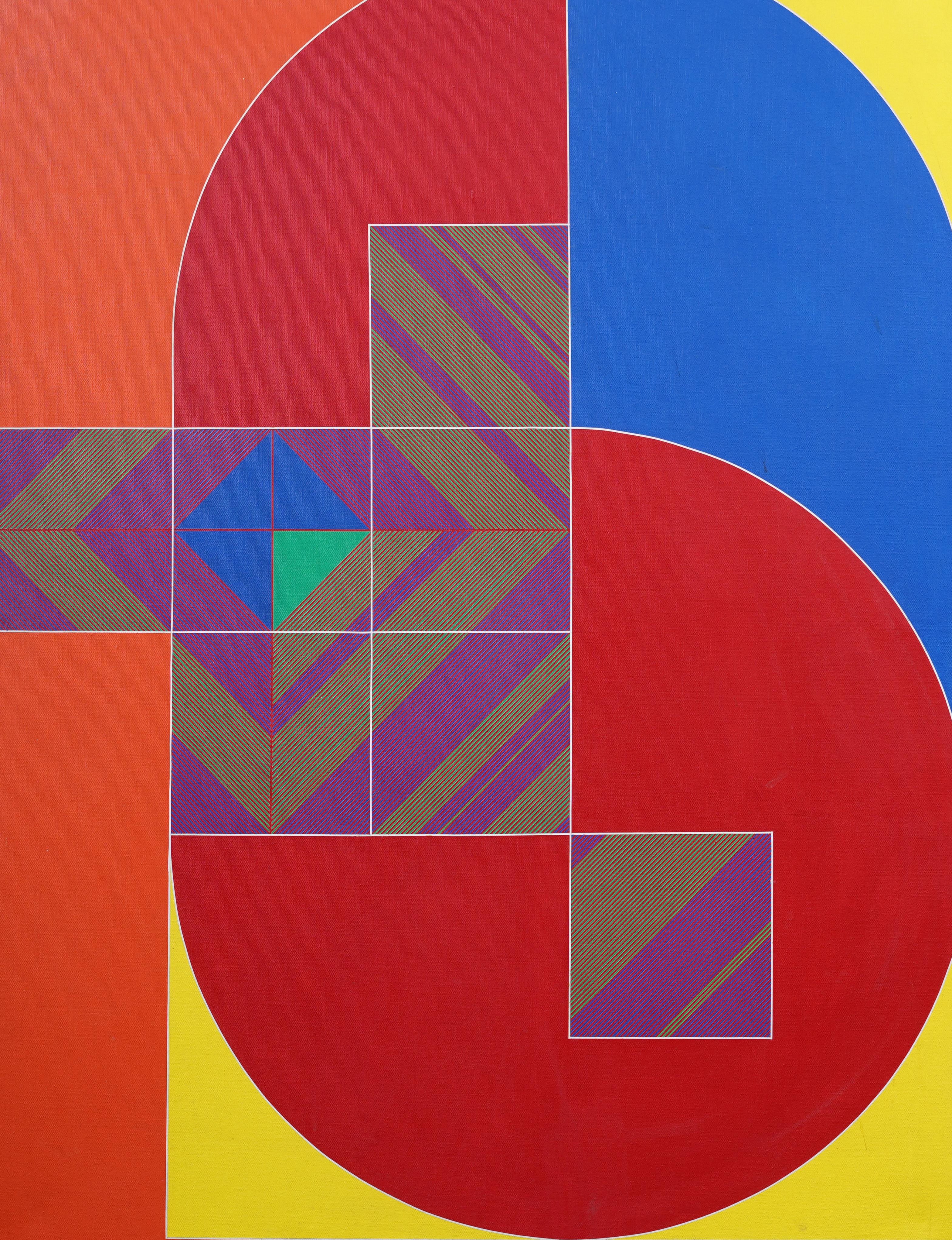 Vintage Mid Century Modern Large Geometric Abstract Framed Hard Edge Painting For Sale 2