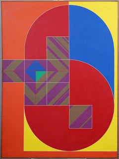 Vintage Mid Century Modern Pintura abstracta geométrica grande enmarcada con bordes duros
