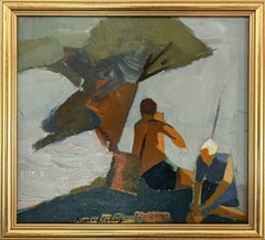 Vintage Mid-Century Modern Mini Landscape Oil Painting - At the Water
s Edge