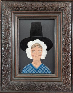 Vintage Mid-Century Modern Mini Naïve Style Portrait Oil Painting - Welsh Lady