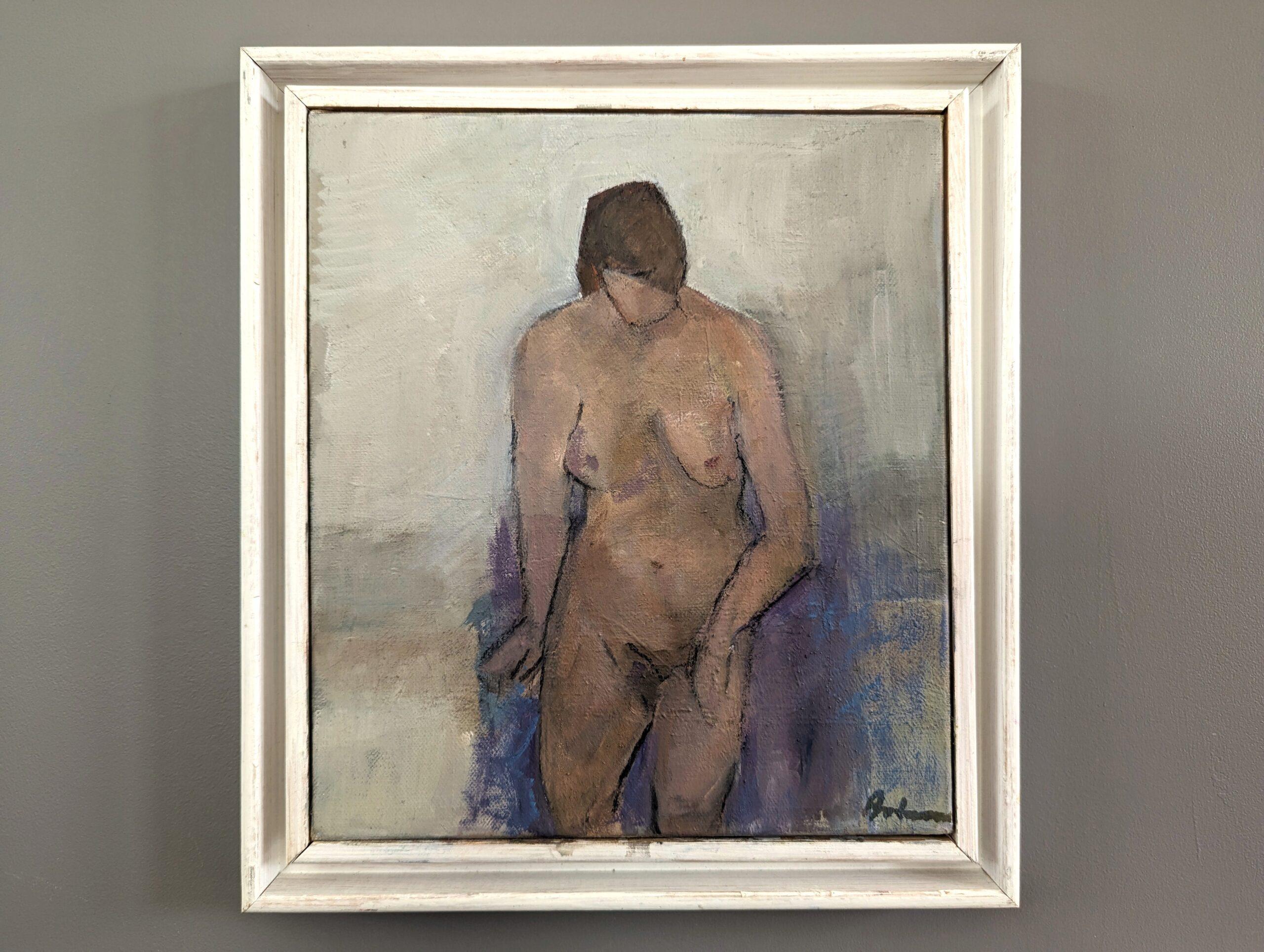 NUDE ON PURPLE CHAIR
Oil on Canvas 
Size: 29.5 x 26.5 cm (including frame)

A tender and contemplative composition of a nude portrait, painted in oil onto canvas.

The artist explores the serene presence of a nude female figure, delicately seated on