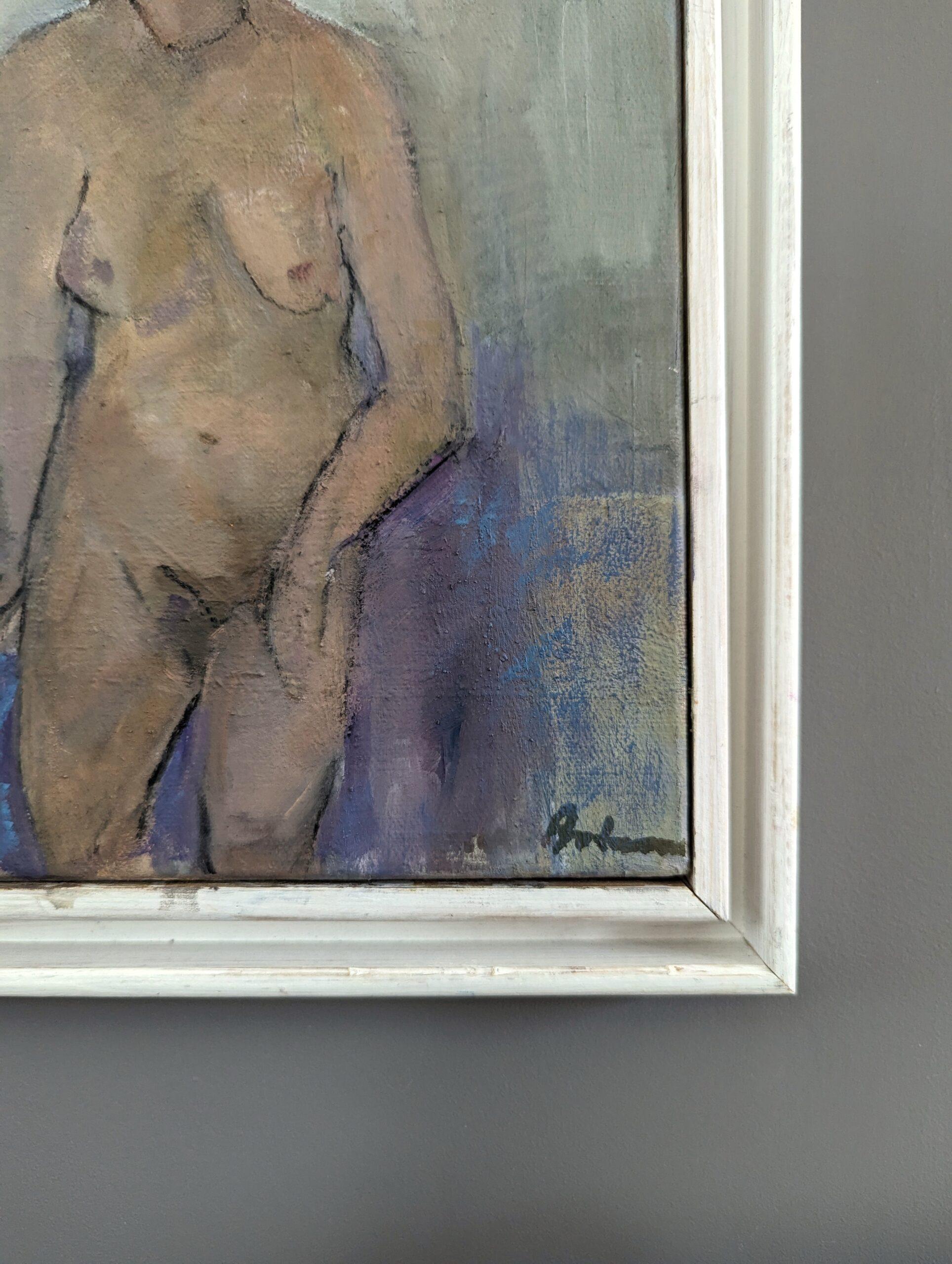 Vintage Mid-Century Modern Mini Portrait Oil Painting - Nude on Purple Chair For Sale 6