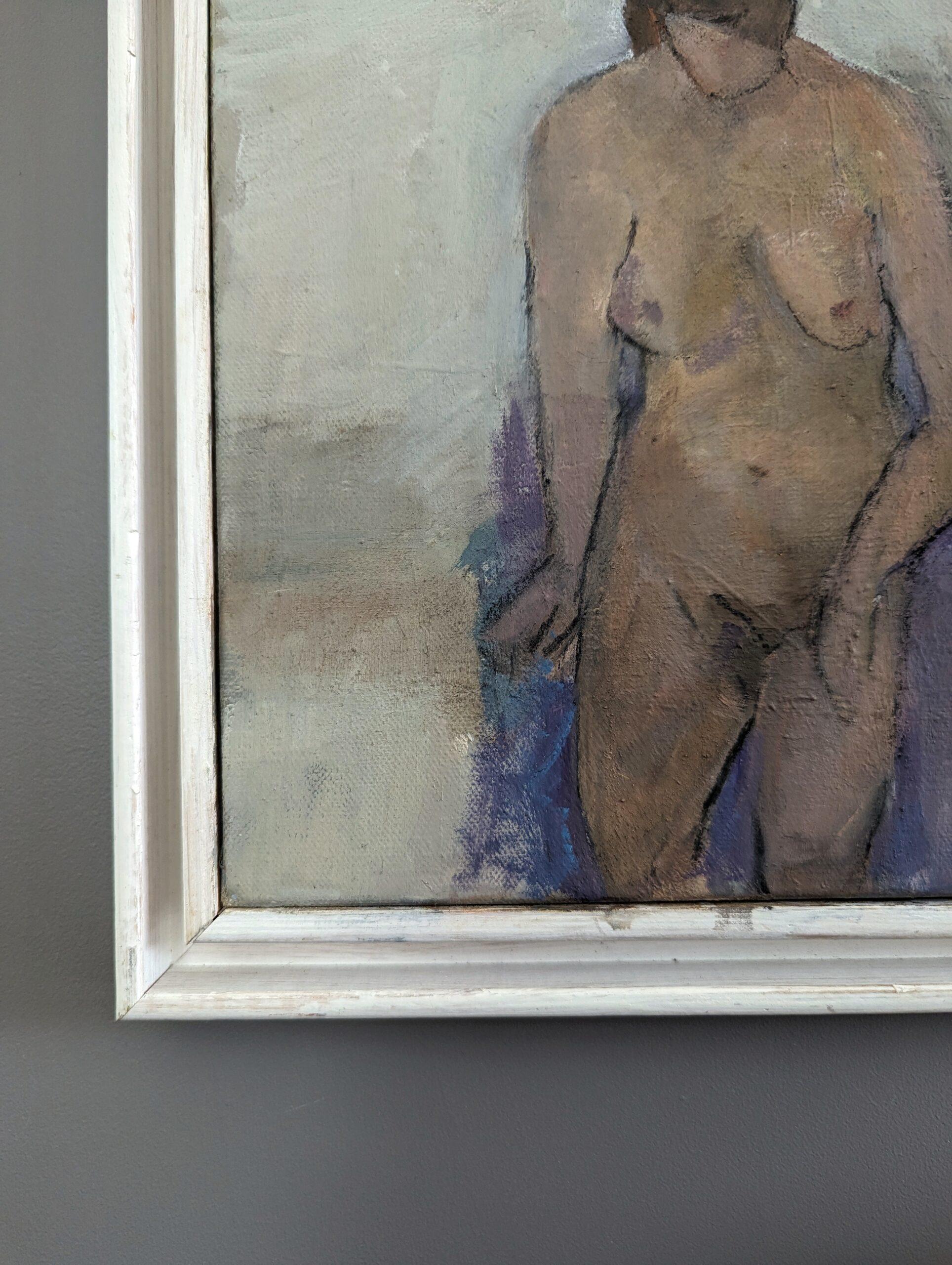 Vintage Mid-Century Modern Mini Portrait Oil Painting - Nude on Purple Chair For Sale 7