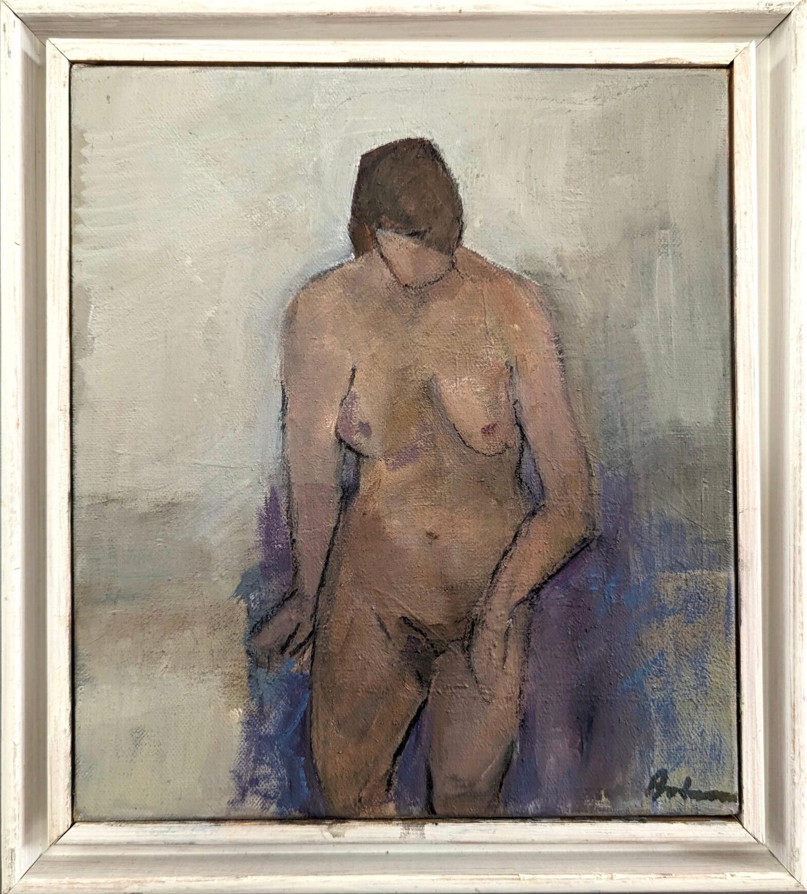 Nude Painting Unknown - Mini Portrait Peinture à l'Huile Vintage du Milieu du Siècle Moderne - Nu sur Chaise Violet
