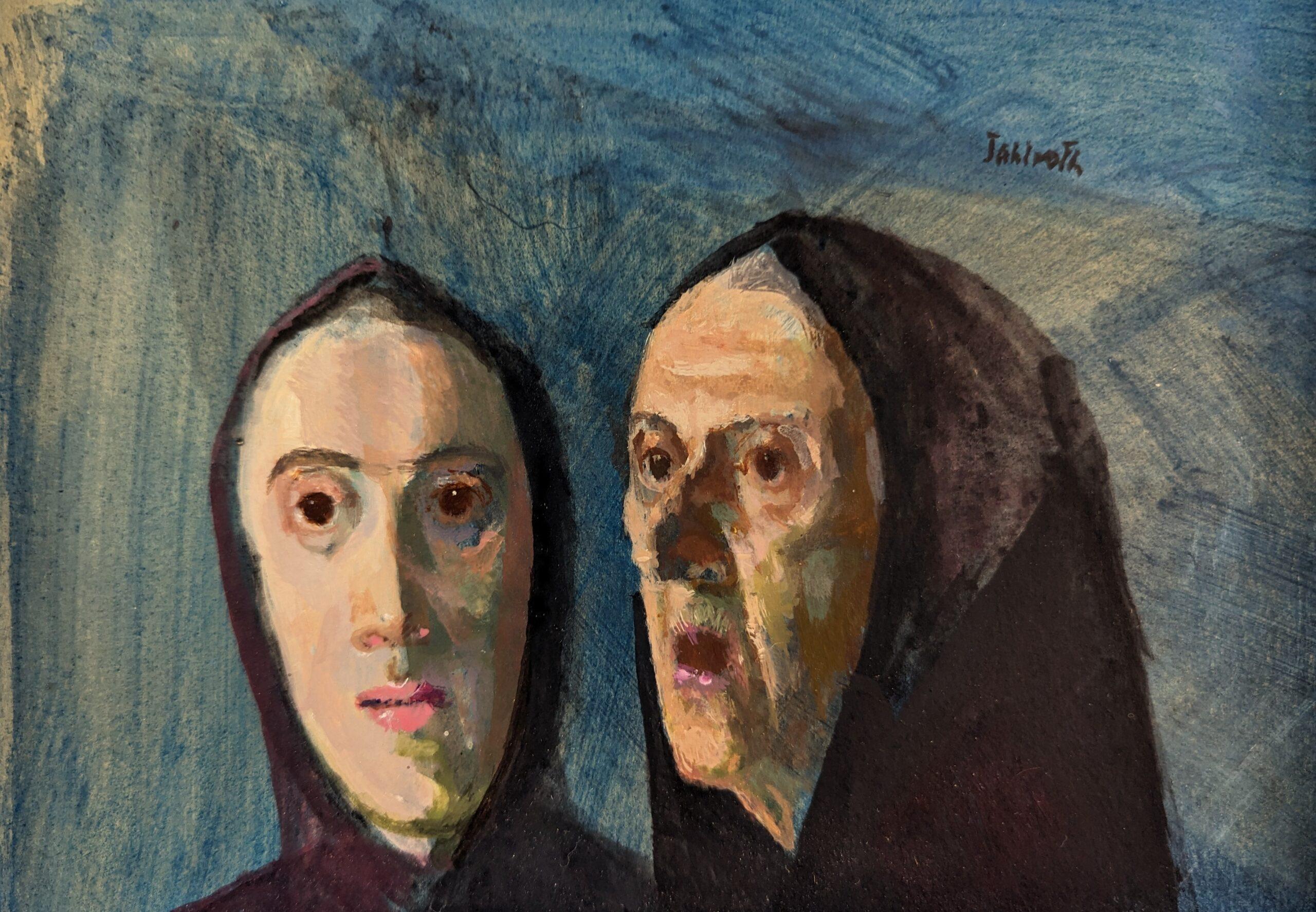 Mini pintura sueca figurativa de mediados de siglo - Susurros en venta 5