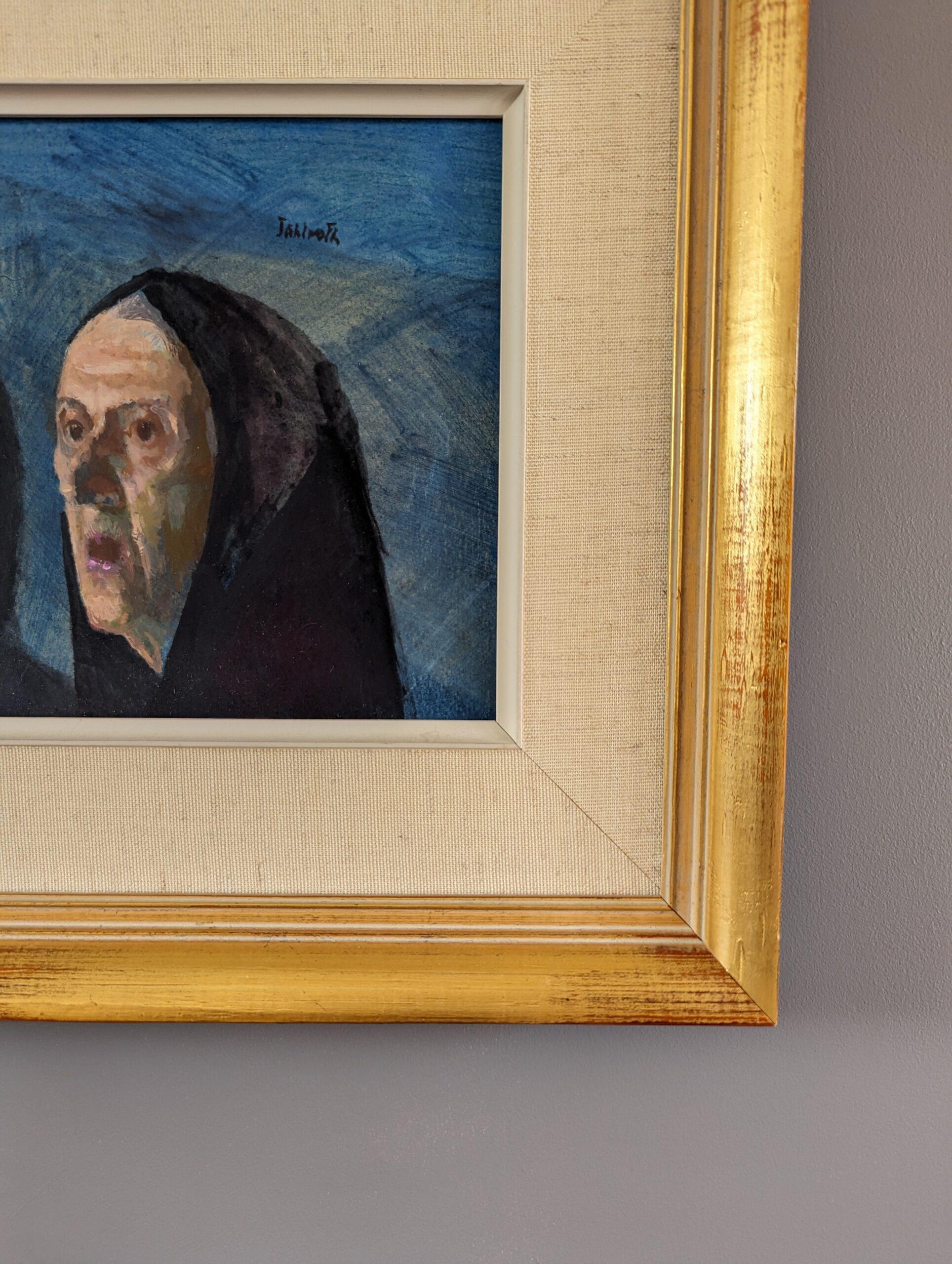 Mini pintura sueca figurativa de mediados de siglo - Susurros en venta 3