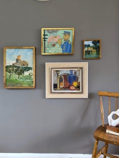 Vintage Mid-Century Modern Naïve Style Framed Oil Painting - Visual Illusion