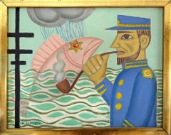 Vintage Mid-Century Modern Naïve Style Framed Oil Painting - Visual Illusion