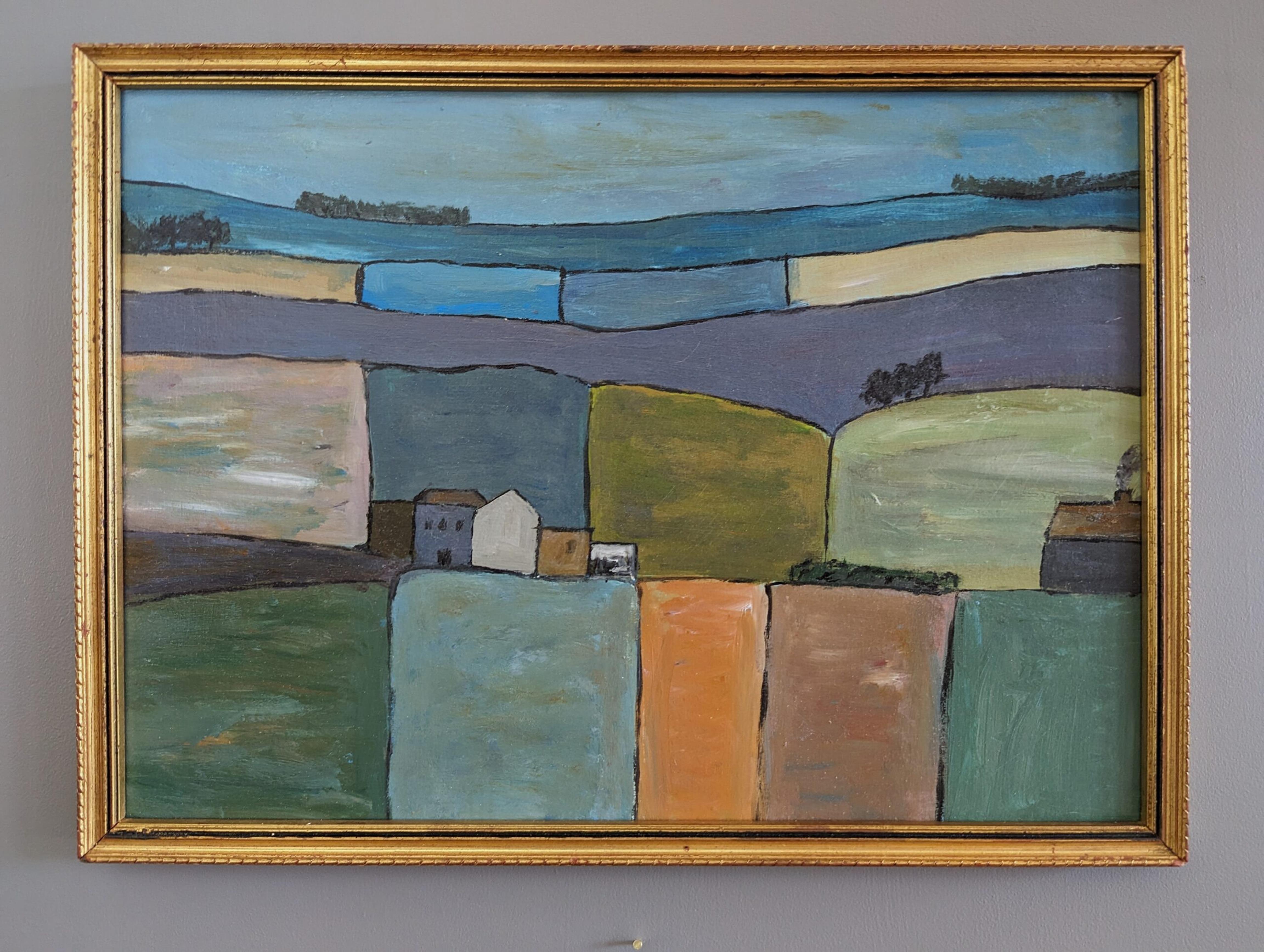 Vintage Mid-Century Modern Naïve Style Landscape Framed Oil Painting -The Plains - Gray Landscape Painting by Unknown