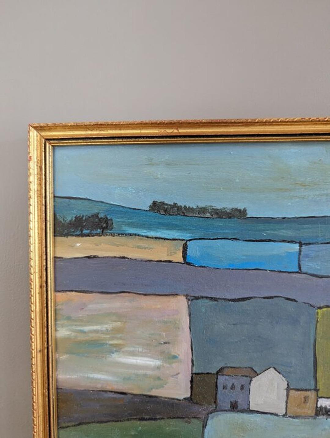 THE PLAINS
Size: 28 x 37.5 cm (including frame)
Oil on Board

A mid century modernist landscape composition, painted in oil onto board.

Featuring a flattened perspective and blocks of colours in warm earthy tones, the artist has focused on the