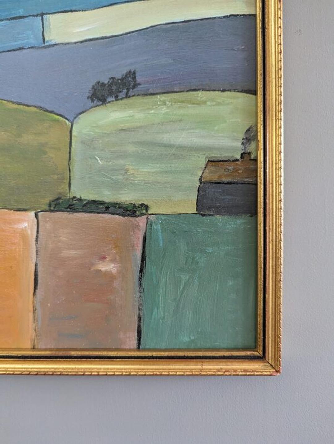 Vintage Mid-Century Modern Naïve Style Landscape Framed Oil Painting -The Plains 2