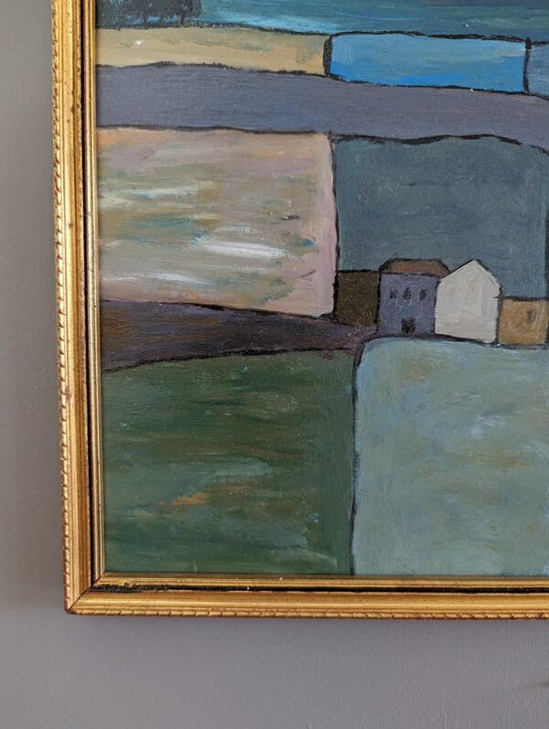 Vintage Mid-Century Modern Naïve Style Landscape Framed Oil Painting -The Plains 3