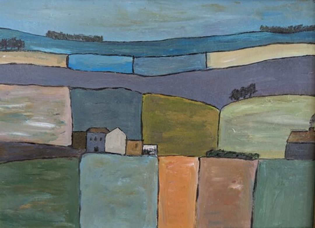 Vintage Mid-Century Modern Naïve Style Landscape Framed Oil Painting -The Plains 4