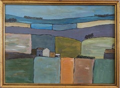 Vintage Mid-Century Modern Naïve Style Landscape Framed Oil Painting -The Plains