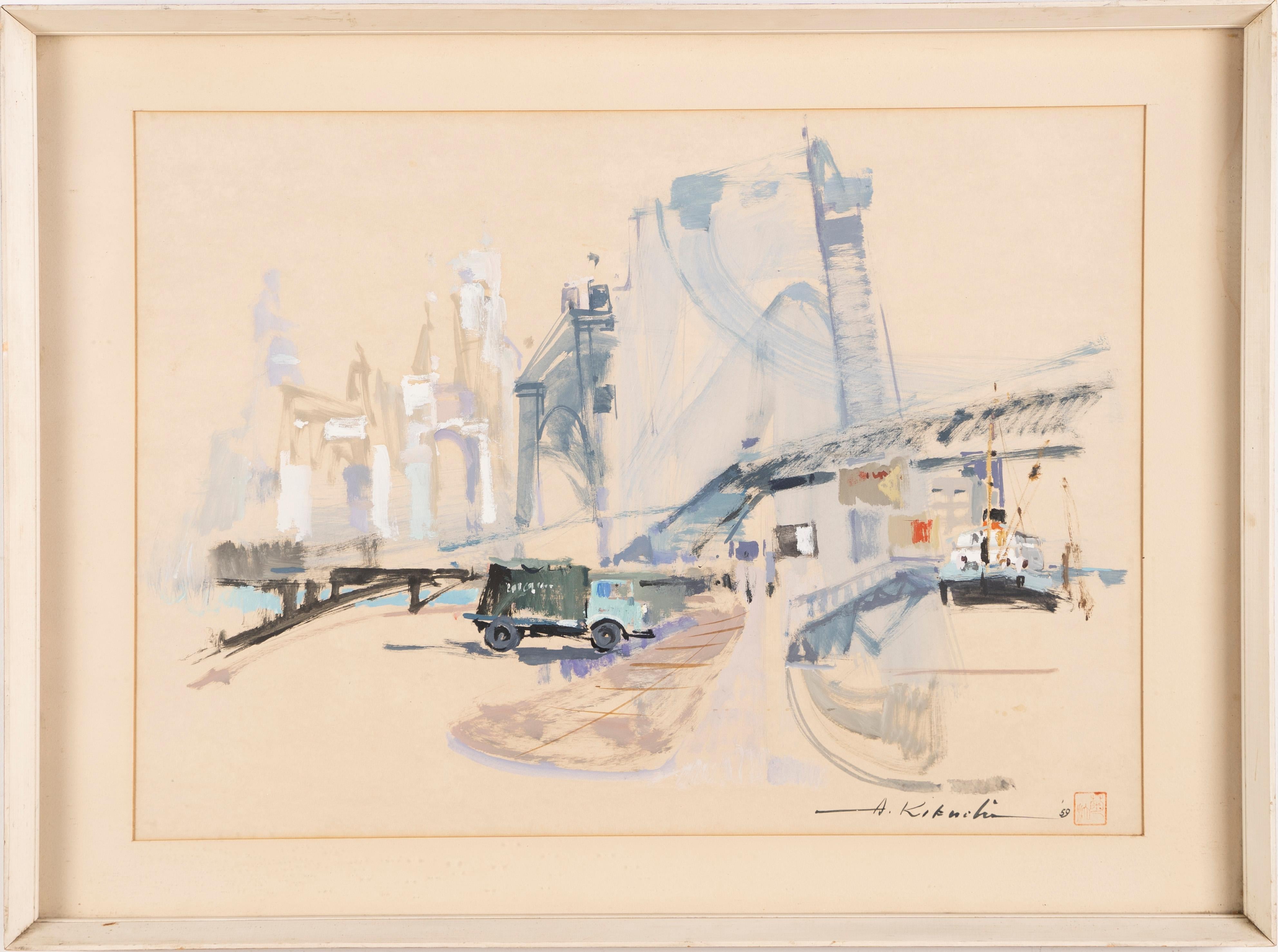 Vintage Mid Century Modern New York Cityscape Signed Painting Brooklyn Bridge