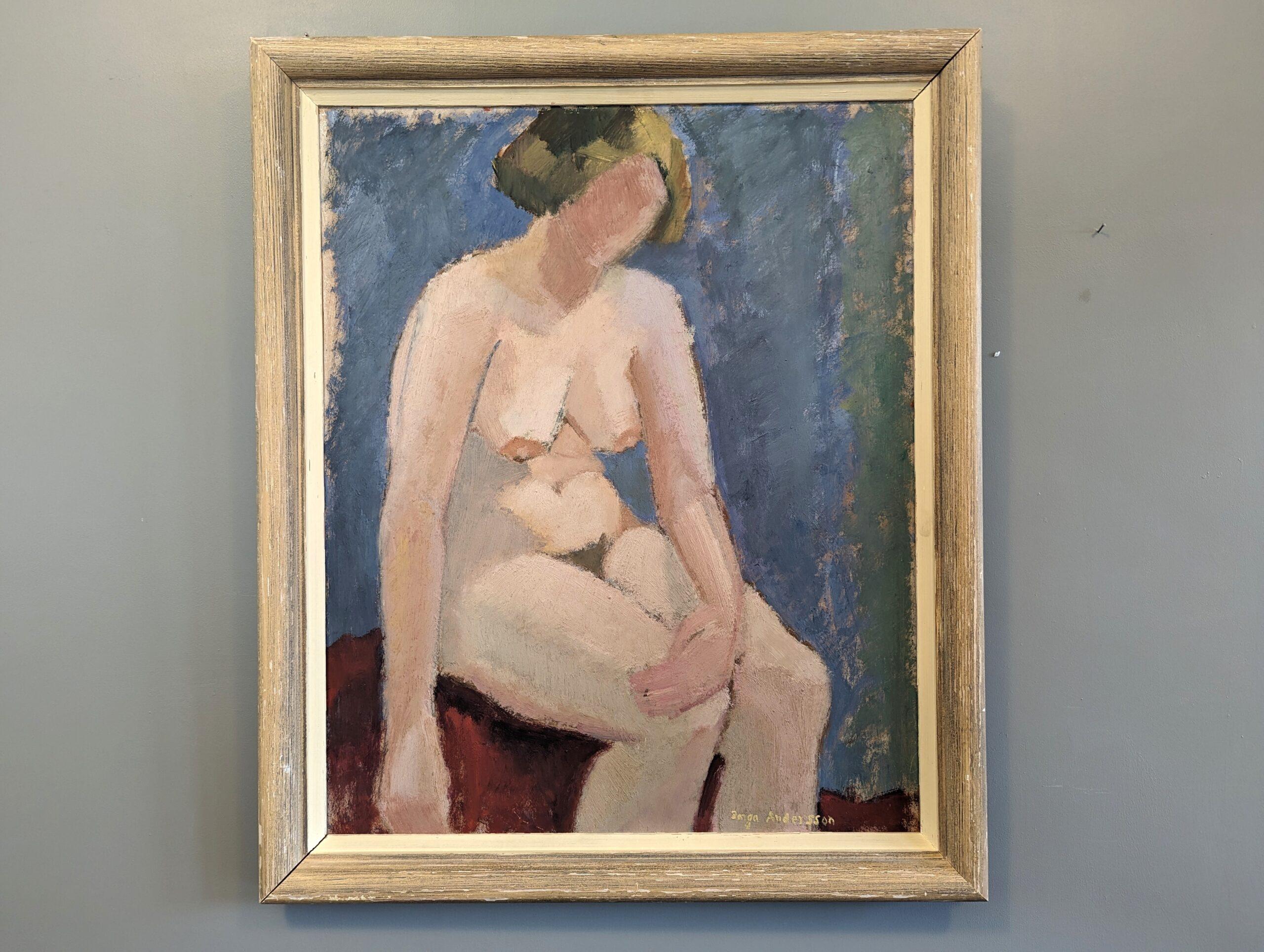 ANGELA
Size: 69 x 58 cm (including frame)
Oil on Board

A brilliantly executed mid-century modernist style figurative nude composition, painted in oil onto board.

The focal point of this painting is a nude female figure, delicately seated upon a