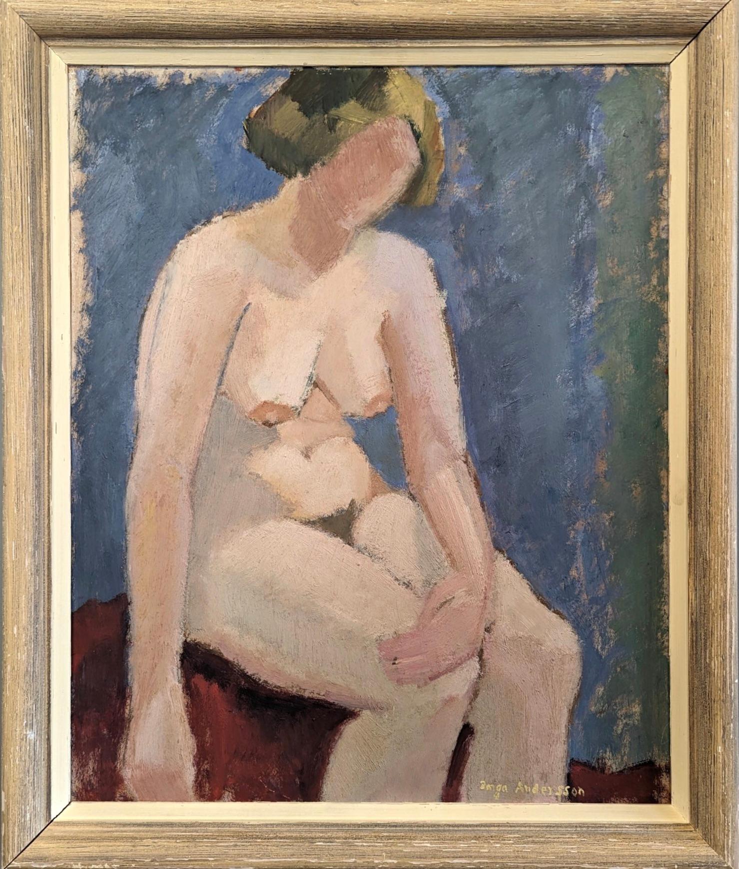 Peinture à l'huile de portrait figuratif nu moderne du milieu du siècle dernier - Angela
