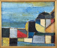 Vintage Mid Century Modern Original Abstract Oil Painting - Geometric Townscape