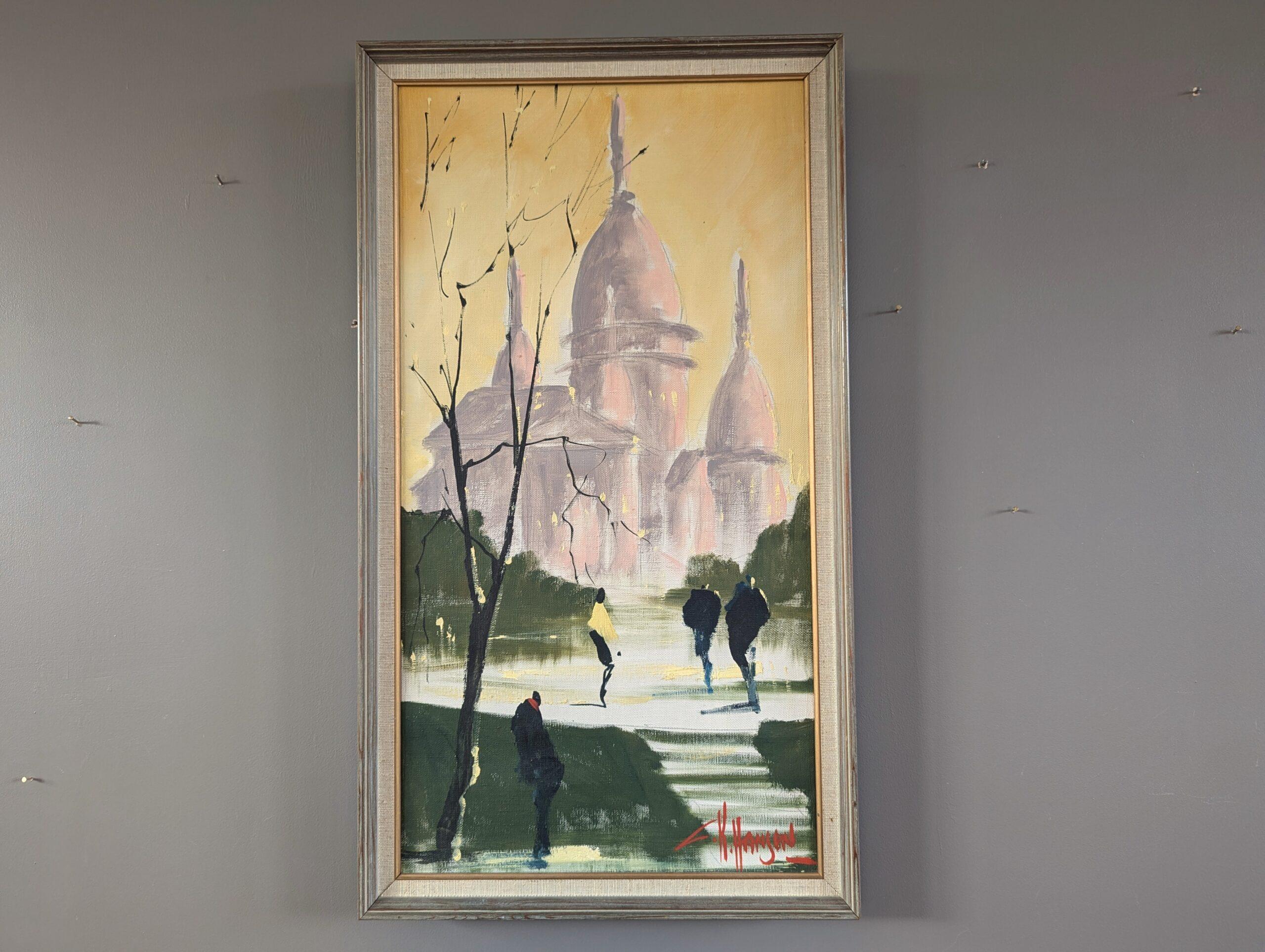 Vintage By, paesaggio urbano originale dipinto ad olio - Sotto il cielo di Parigi - Painting di Unknown