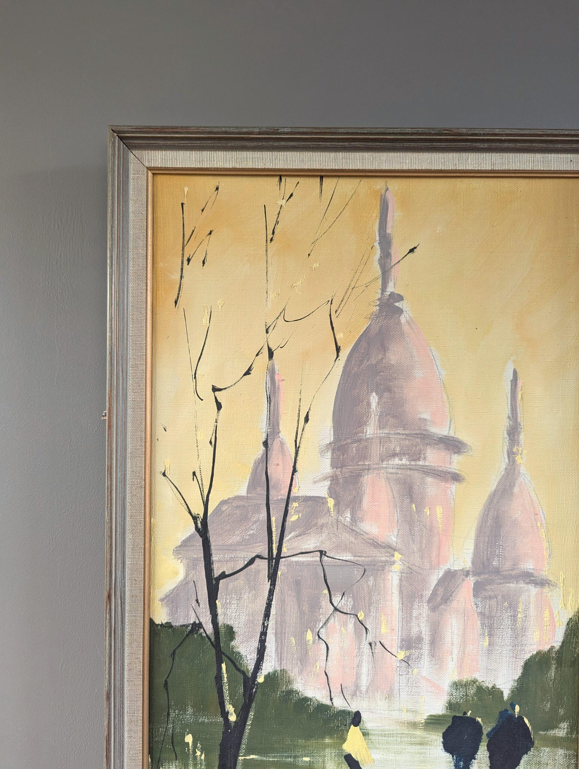 Vintage By, paesaggio urbano originale dipinto ad olio - Sotto il cielo di Parigi 1