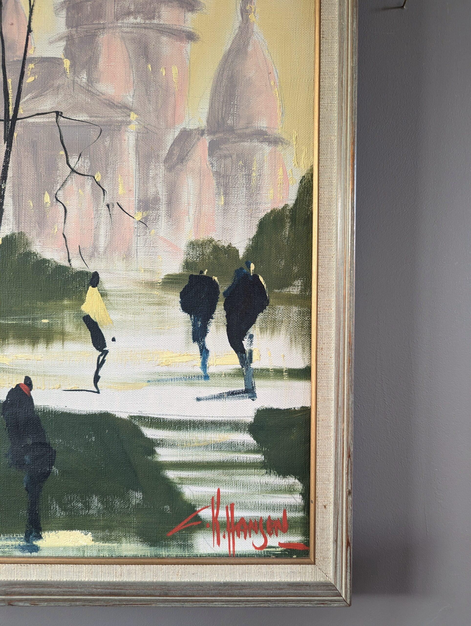 Vintage By, paesaggio urbano originale dipinto ad olio - Sotto il cielo di Parigi 2