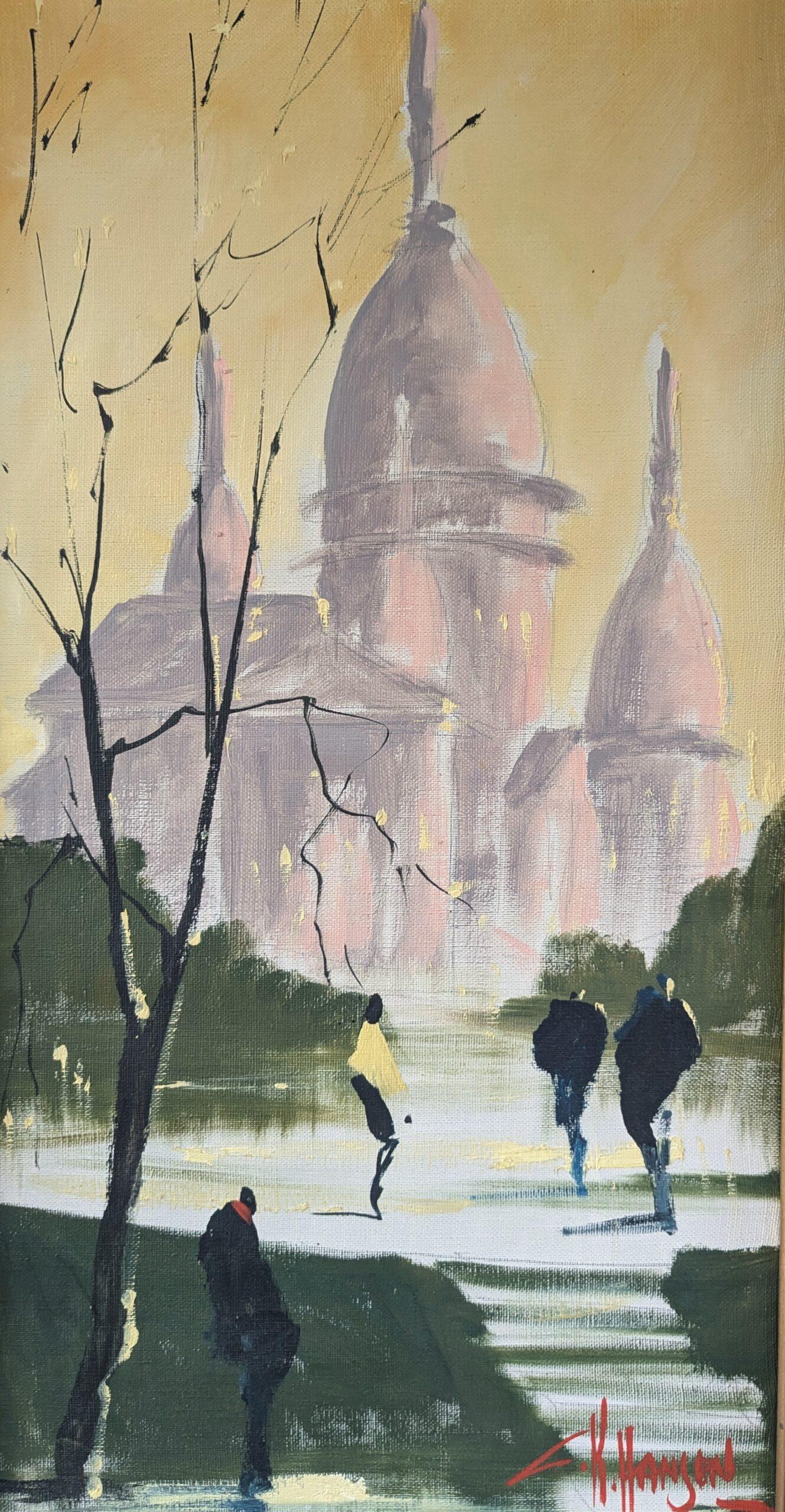Vintage By, paesaggio urbano originale dipinto ad olio - Sotto il cielo di Parigi 3